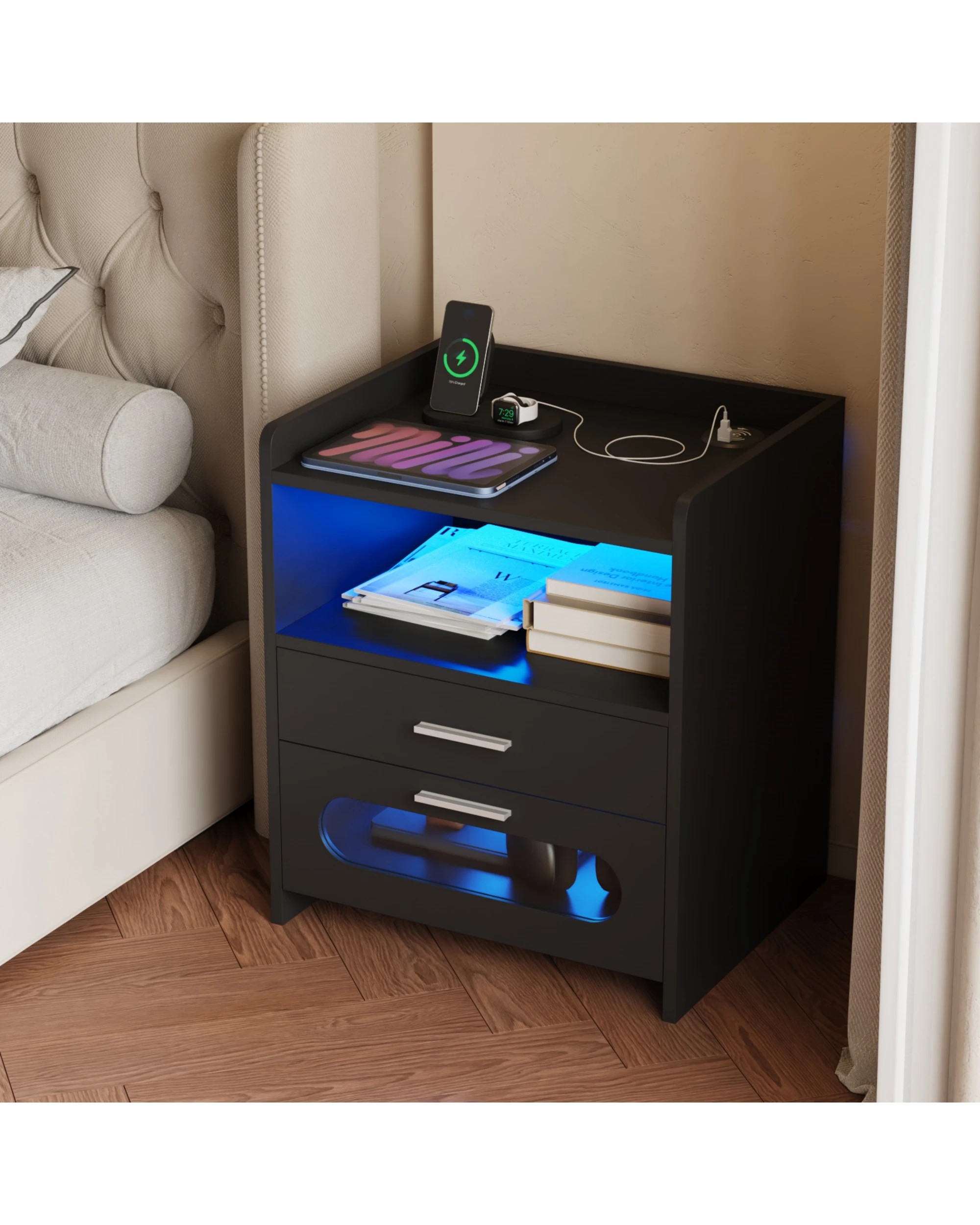 4 Advwin Bedside Table Set of 2 Wireless Charging Station Led Lights 2 Drawers Storage - Black, 4 of 9