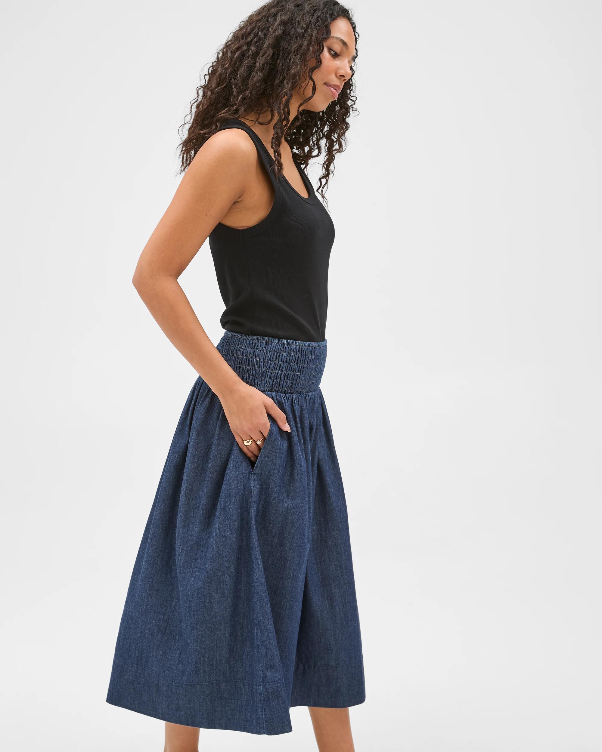 5 Target Woman Cotton Shirred Midi Chambray Skirt DARK CHAMBRAY, 5 of 6