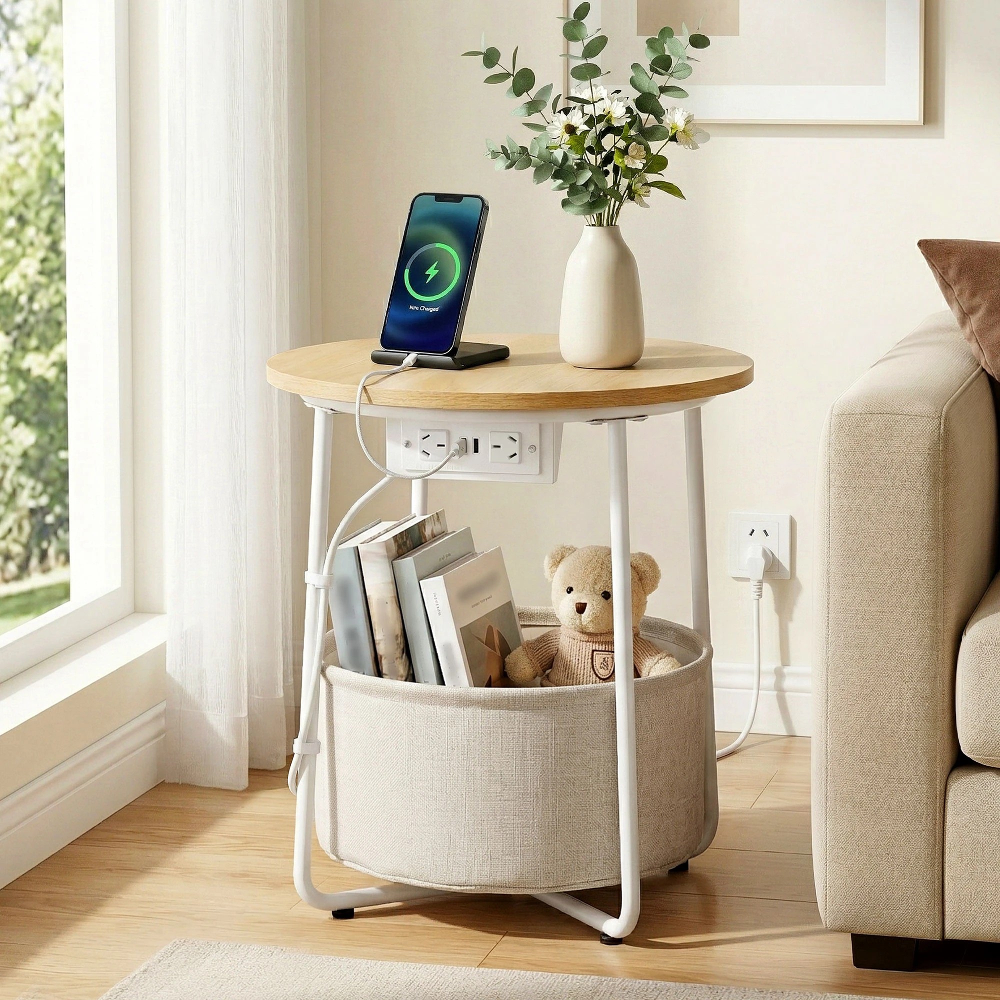 9 Artiss Round Coffee Table Side End Bedside Table Charging Station Storage Basket Wood - Beige, 9 of 9