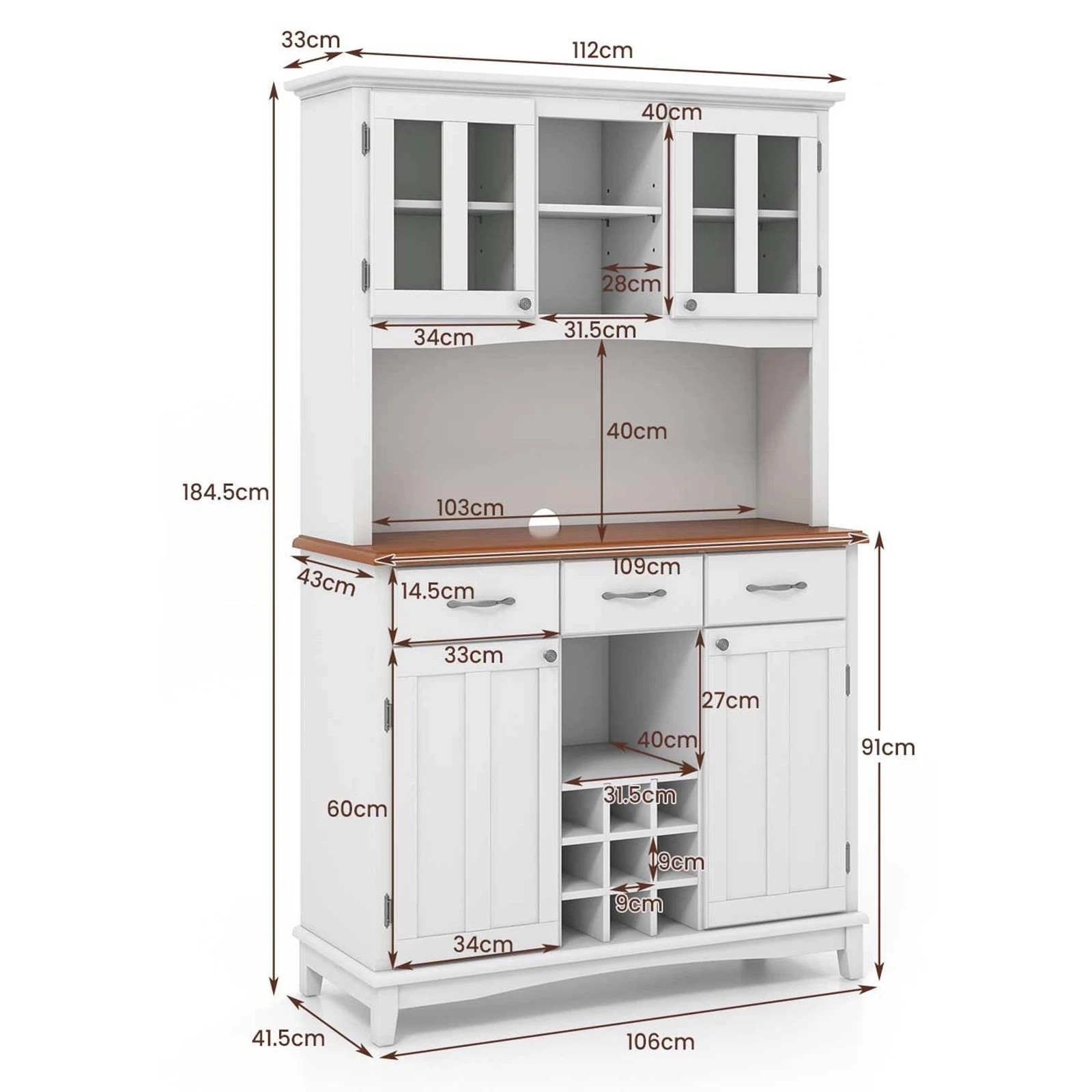 2 Costway Kitchen Pantry Buffet Cupboard w/3 Drawers Wine Rack - White, 2 of 3