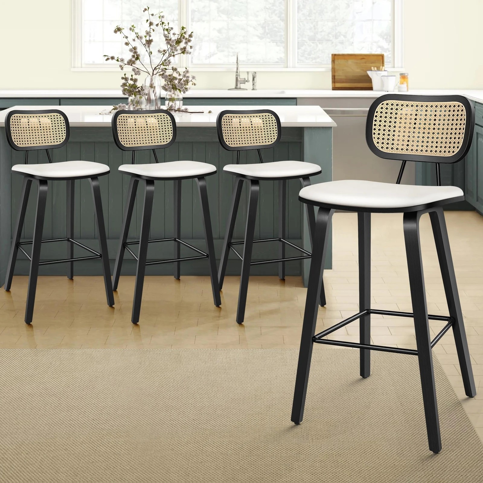 9 Alfordson 4x Bar Stools Kitchen Vintage Leather Seat Rattan Chair - White, 9 of 9