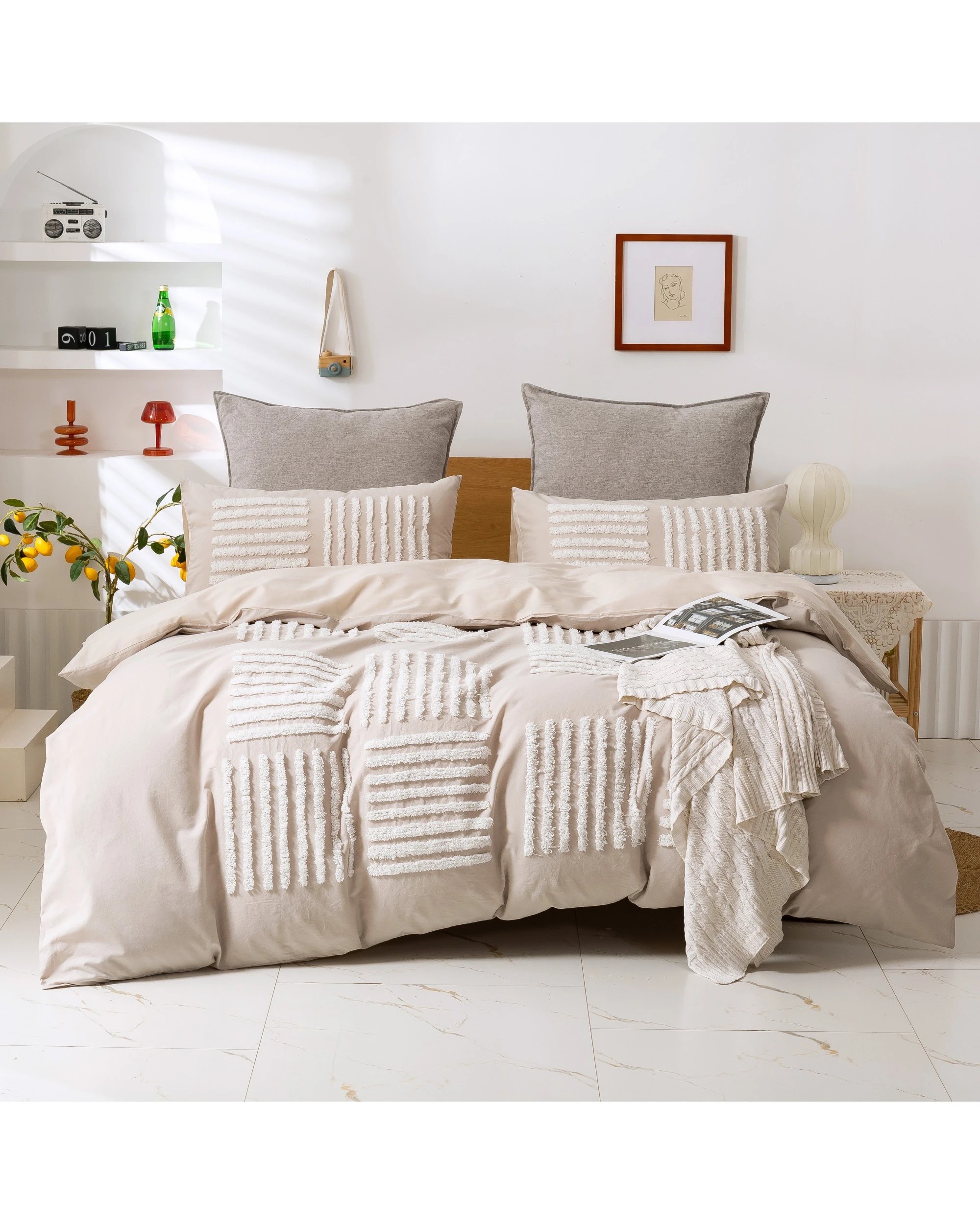 1 Dreamaker Salma Tufted Washed Vintage Cotton Quilt Cover Set - Queen Bed - Beige, 1 of 6