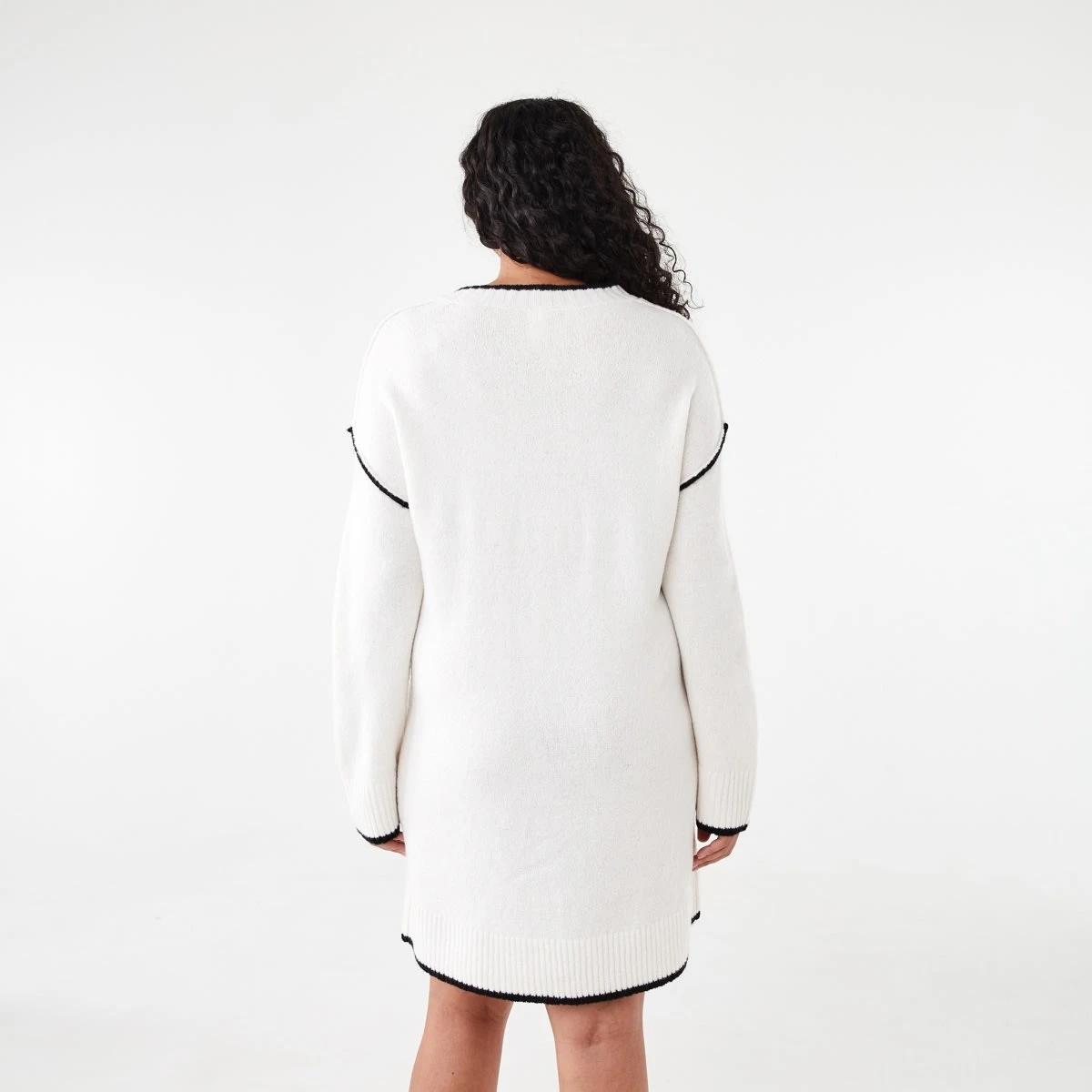 3 Long Sleeve V-Neck Sweater Mini Dress Ecru, 3 of 8