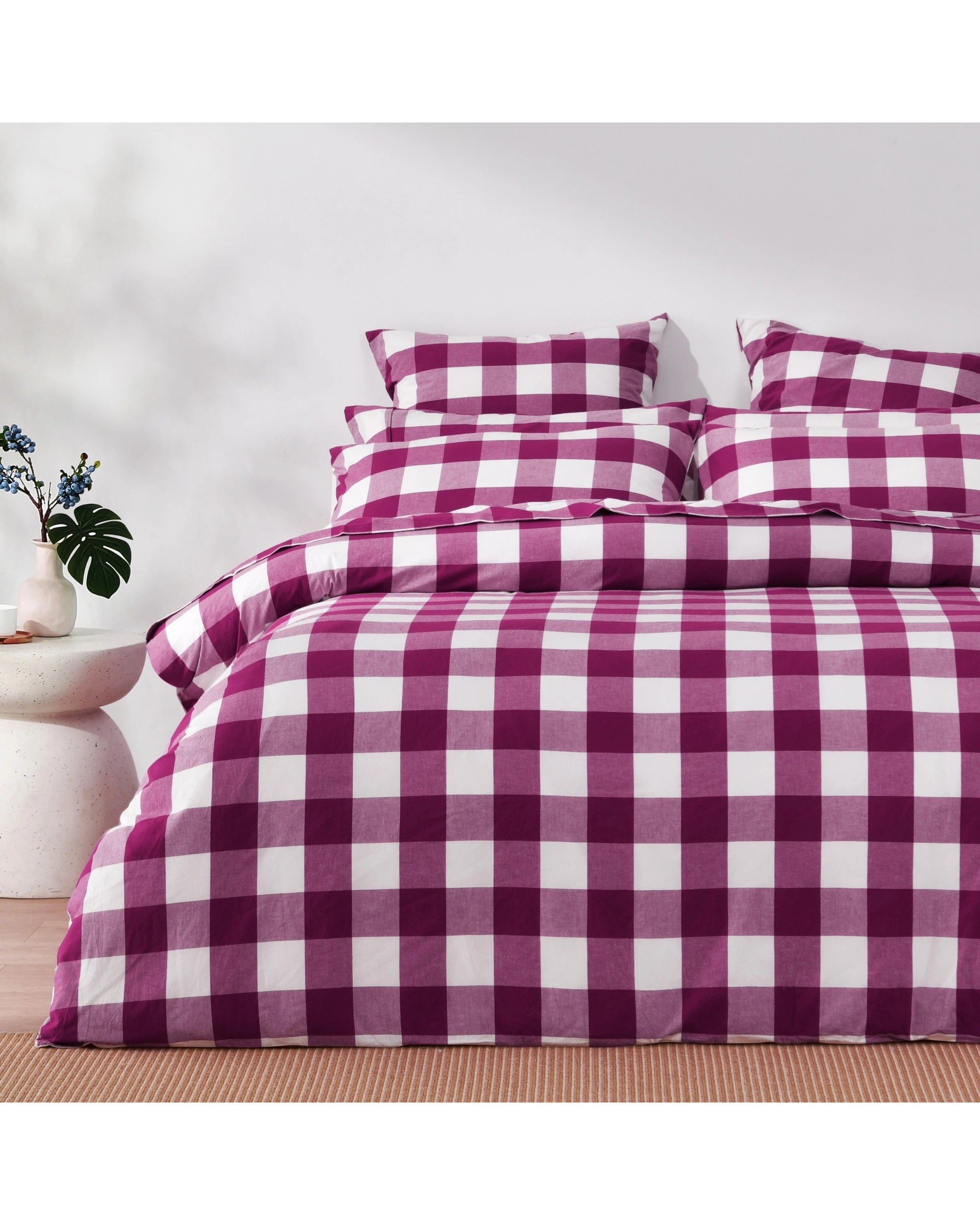 1 Dreamaker Remy Yarn Dyed Washed Cotton Checkered Quilted Cover Set - Double Bed - Berry, 1 of 8