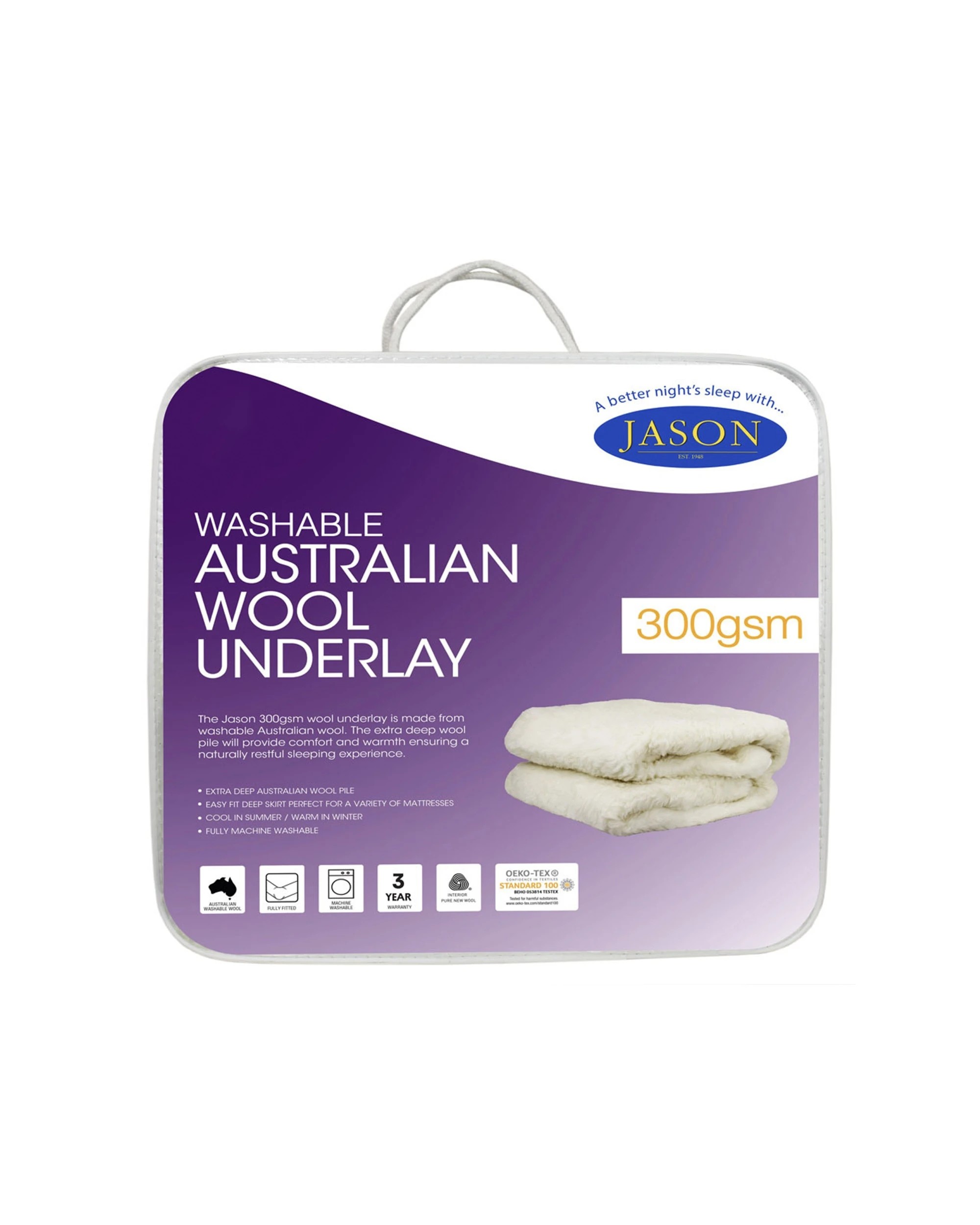 2 Jason Single Bed Washable Underlay Australian Wool Mattress Topper 300gsm - Single Bed - Natural, 2 of 3