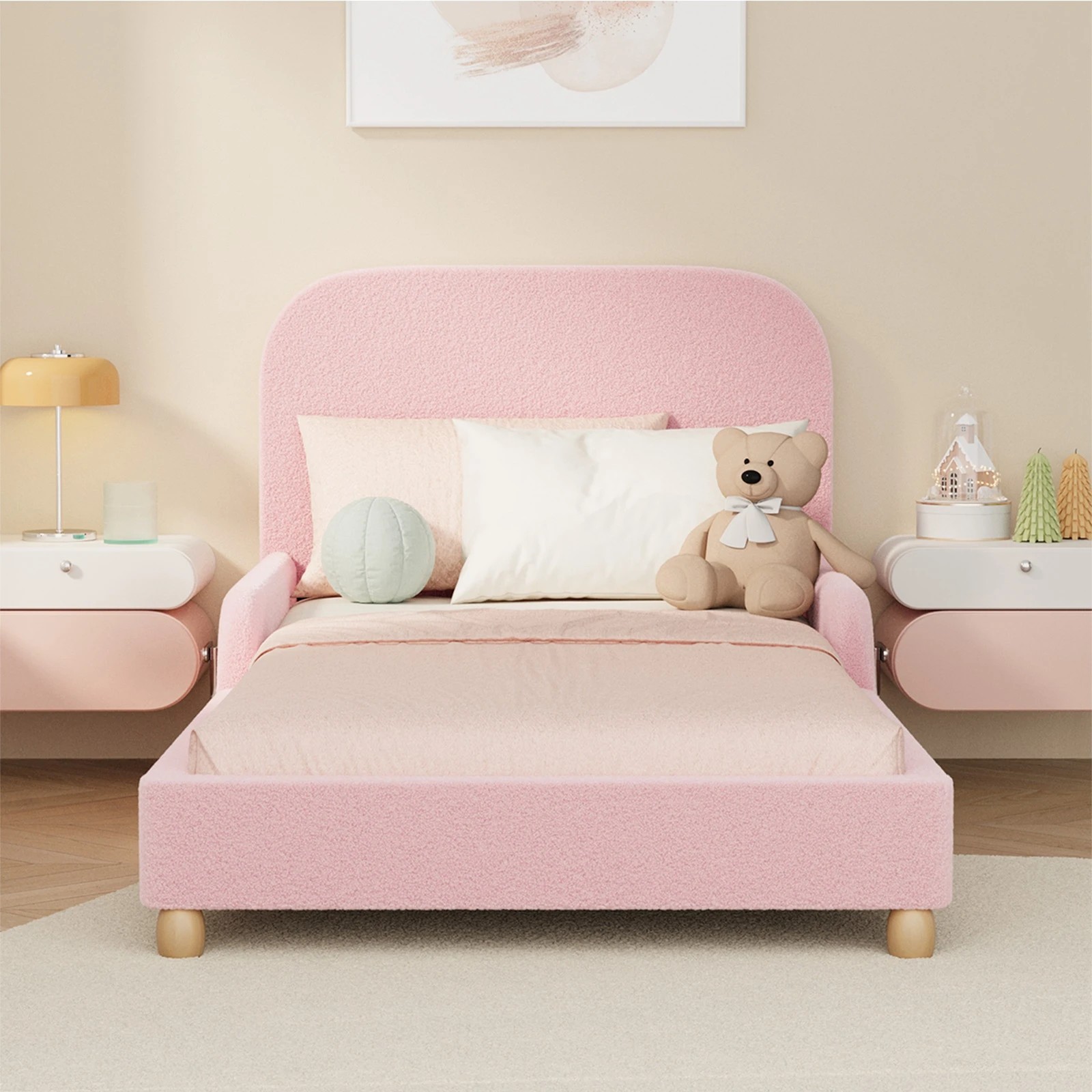 4 Oikiture Kids Bed Frame Single Size with Side Guard Rails Boucle - Pink, 4 of 10