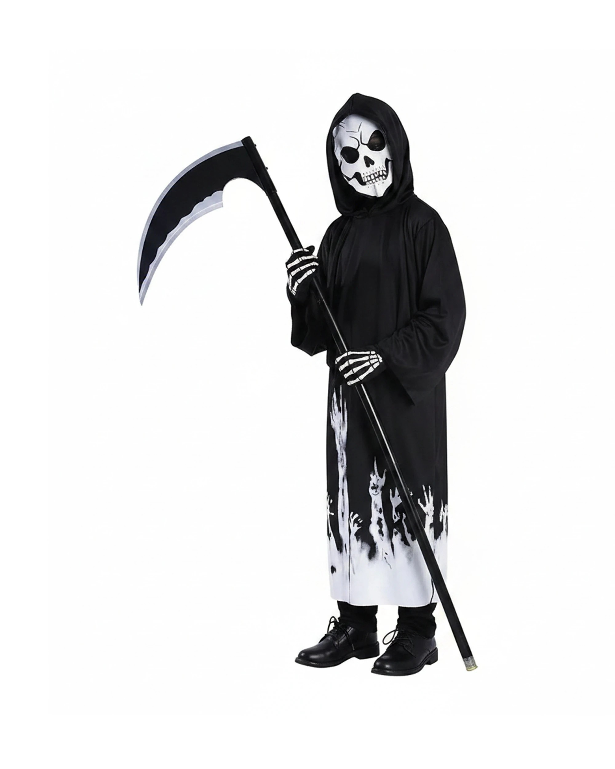 1 JD Party Skull Reaper Kids Halloween Costume Glow In Dark Hood 10-12y - Black, 1 of 1