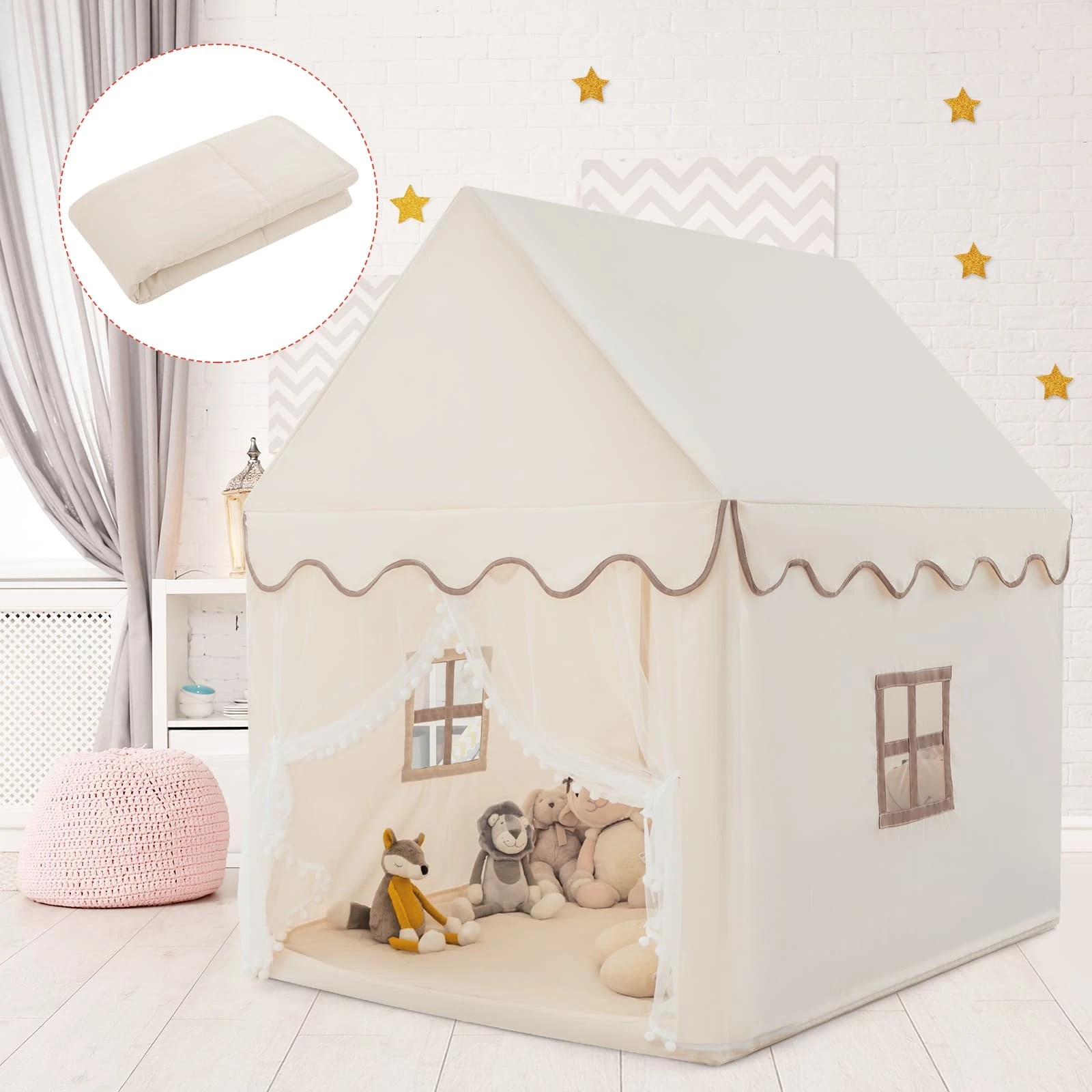 3 Costway Wood Play Tent Playhouse Large Princess Castle - Beige, 3 of 3