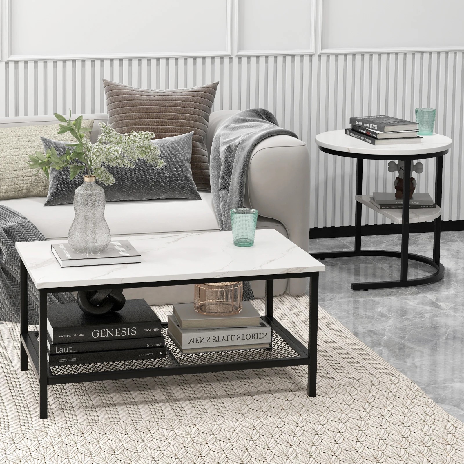 4 Costway Coffee Table Nesting Set of 2 w/Faux Marble Tabletop Stacking Side Table - Black, 4 of 6