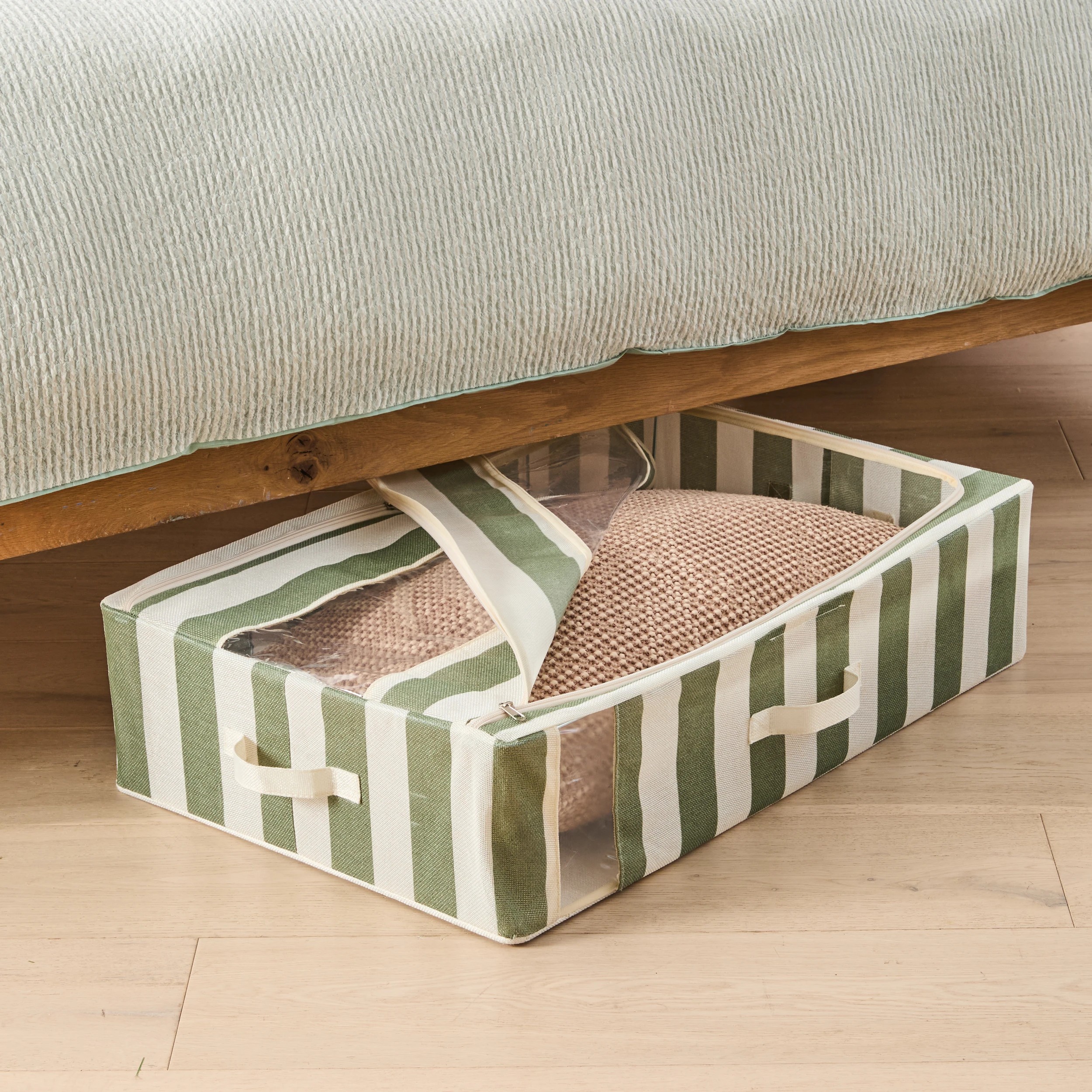 1 Linen Look Underbed Collapsible Box - Green Stripe, 1 of 8
