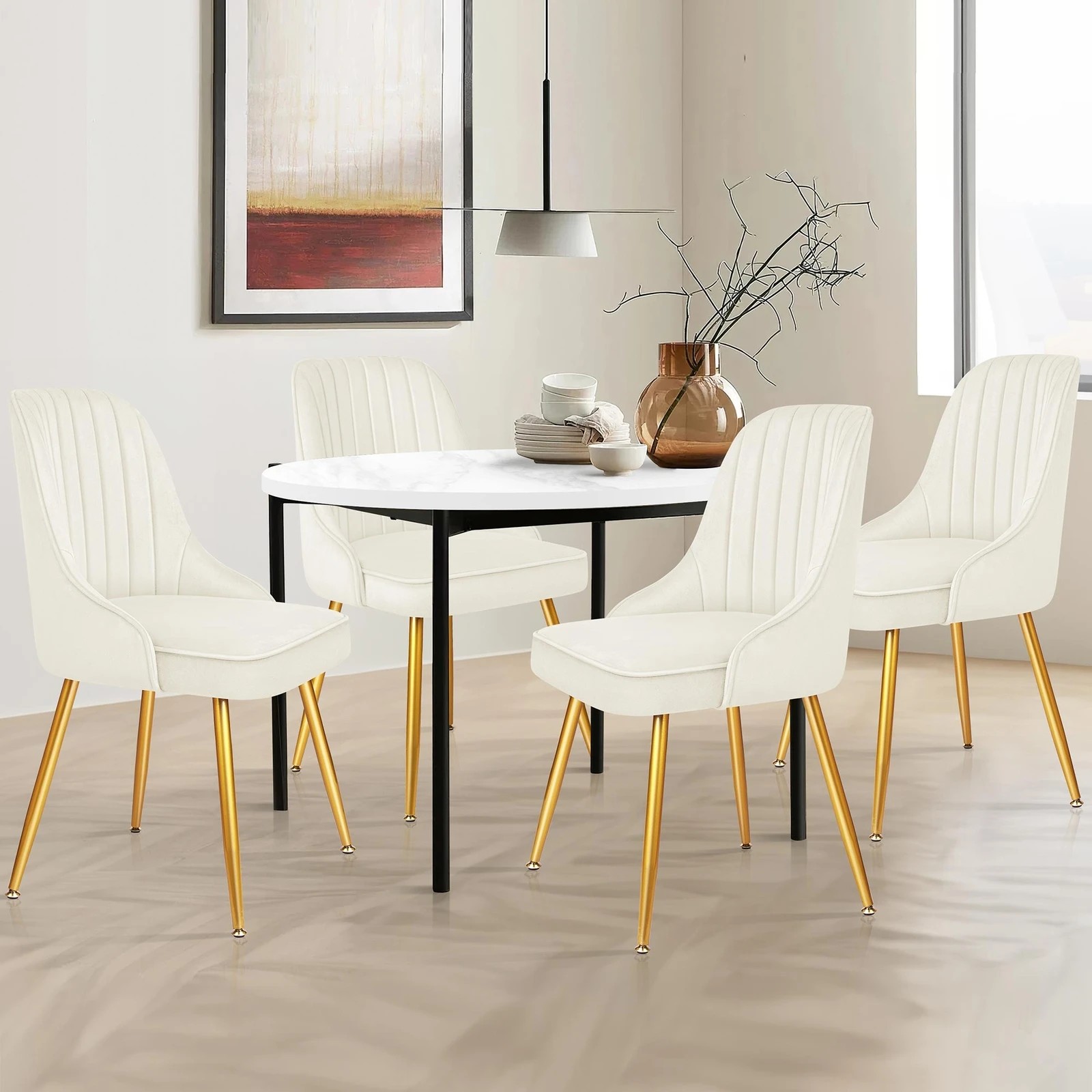 3 Alfordson 4x Dining Chairs Kitchen Accent Lounge Padded Tufted Seat Velvet - Beige, 3 of 8