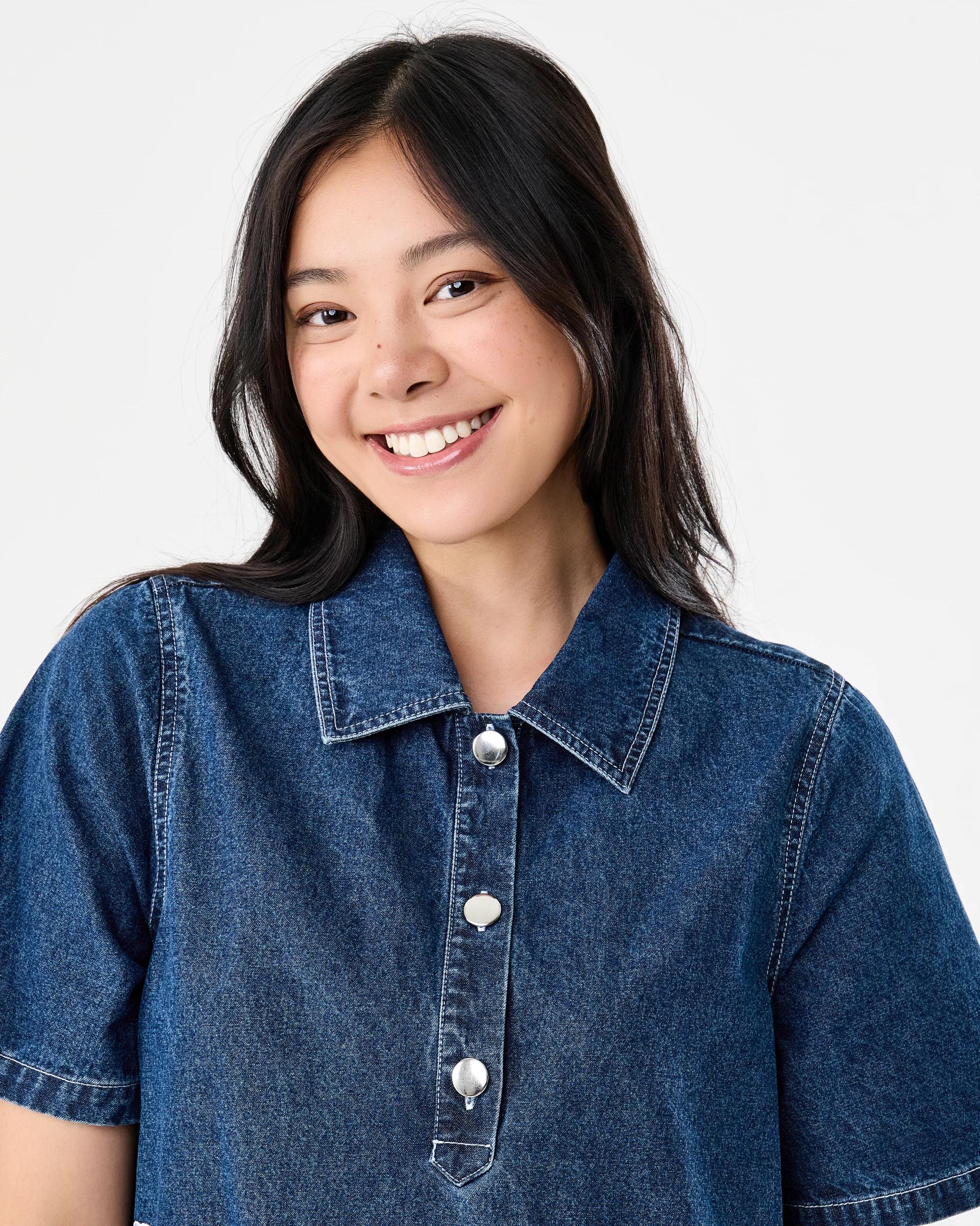 4 Short Sleeve Embroidered Denim Shirt Mini Dress Dark Wash, 4 of 8