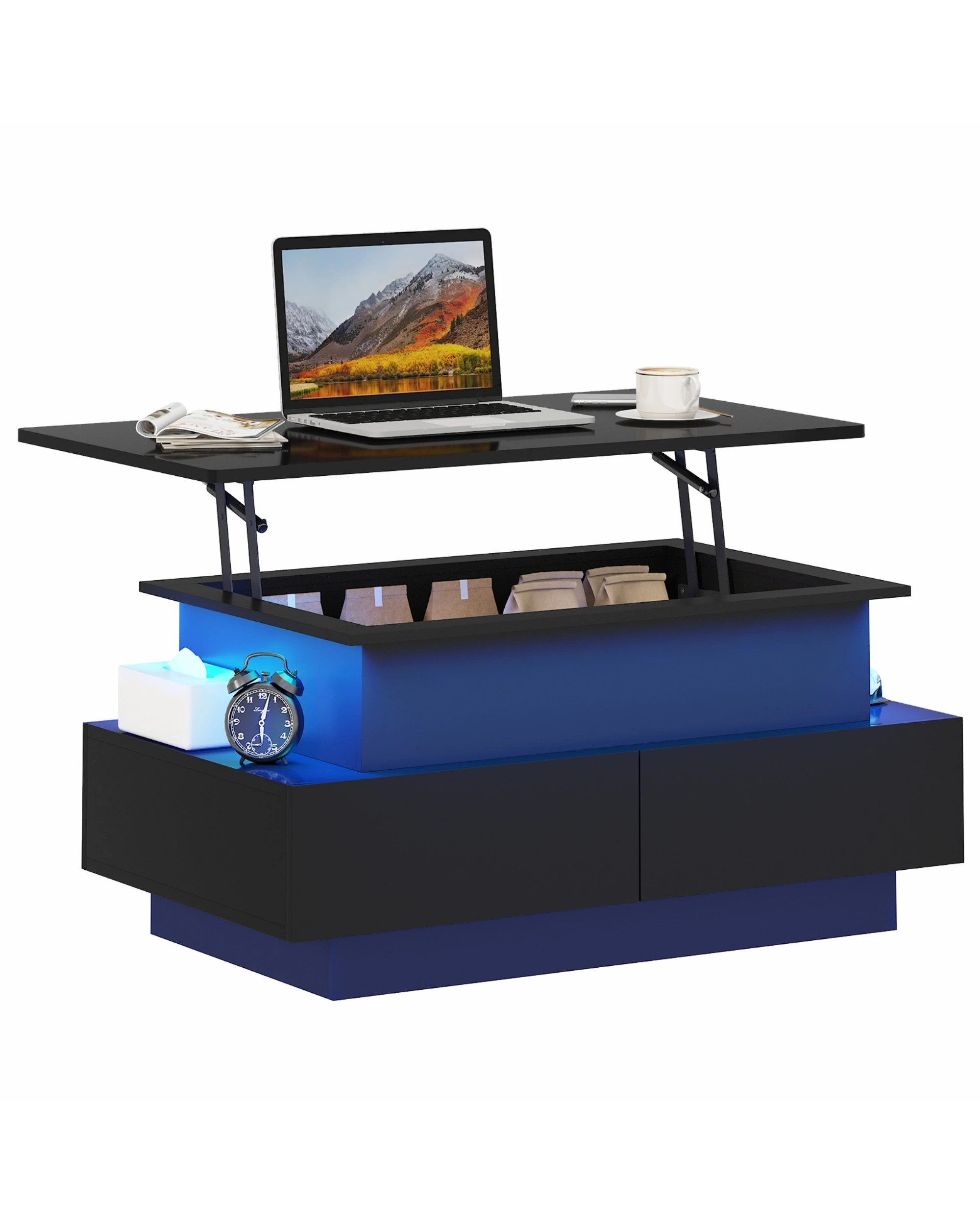 3 Advwin Lift Top Coffee Table w/ LED Lights Hidden Compartment & 4 Drawers High Gloss Central Table w/ Lift Tabletop, 3 of 9