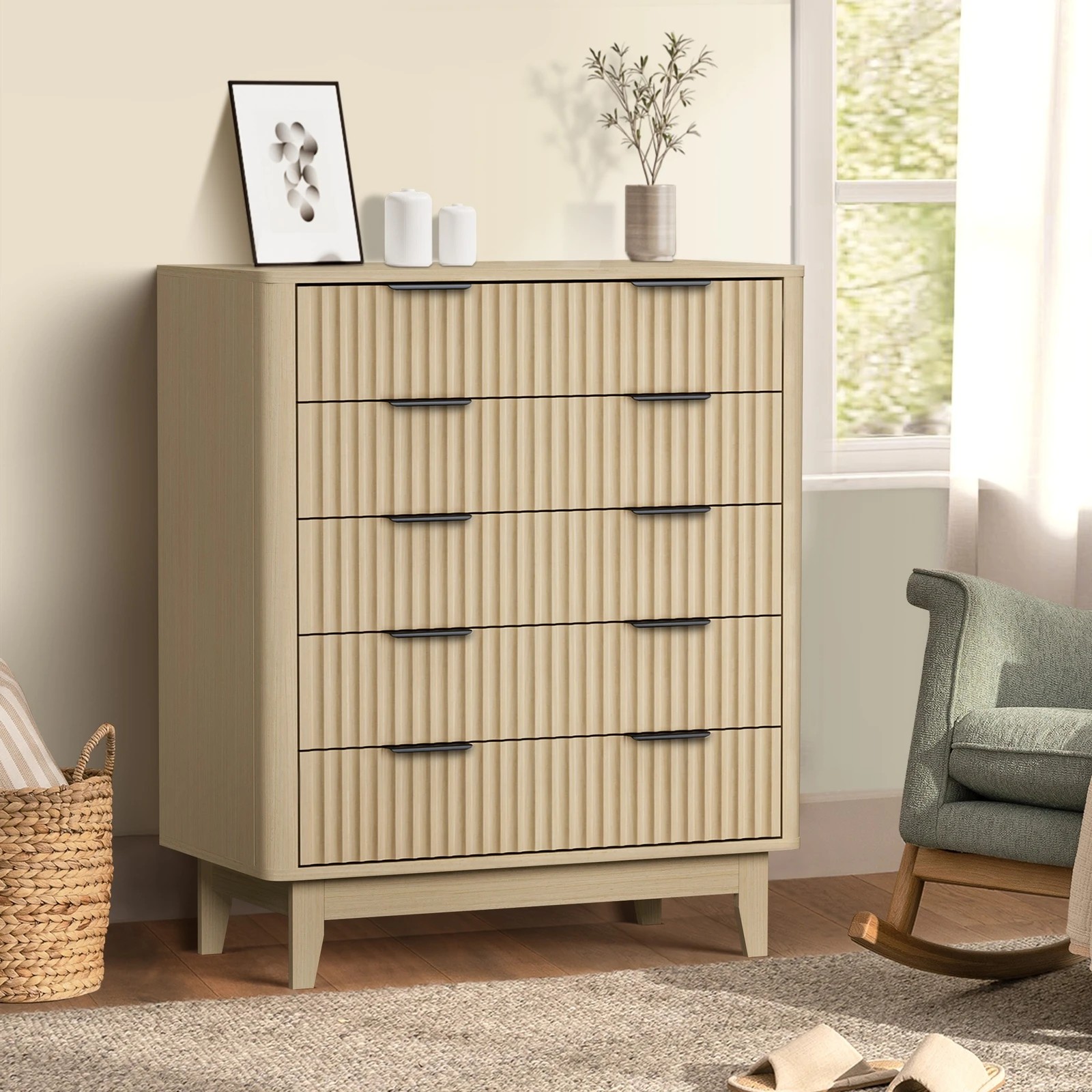 3 Oikiture 5 Chest Of Drawers Storage Cabinet Dressers Tallboy Stripe
 - Natural, 3 of 9