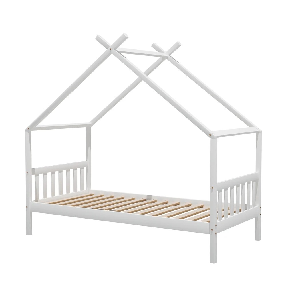 1 Artiss Bed Frame Wooden Base Kids Single Timber House Beds - White, 1 of 10