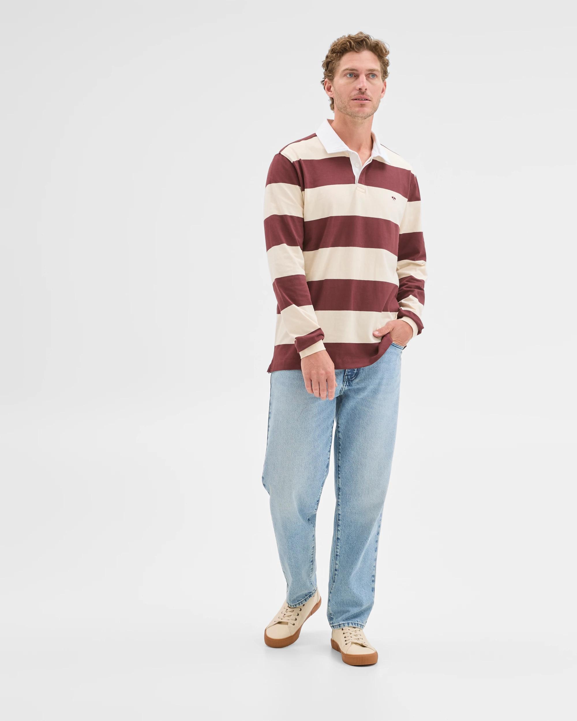 2 Target Man Australian Cotton Long Sleeve Rugby Polo Top STONE STRIPE, 2 of 8