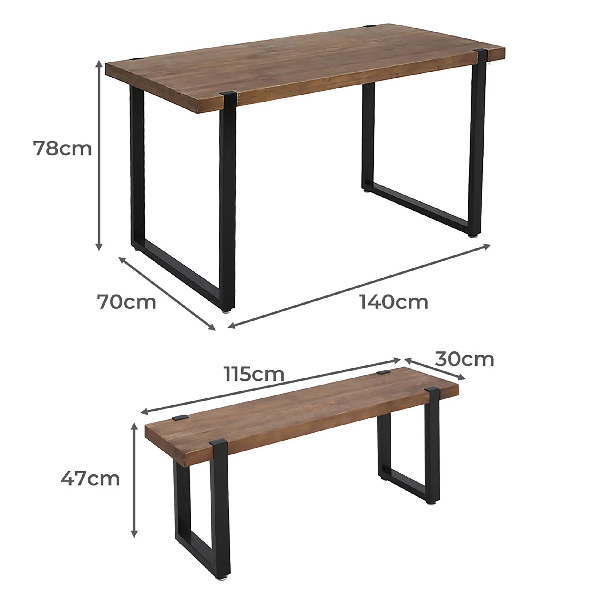 3 Levede Wooden Dining Sets 1XTable+2X Bench Chair Metal Industrial Restaurant, 3 of 7