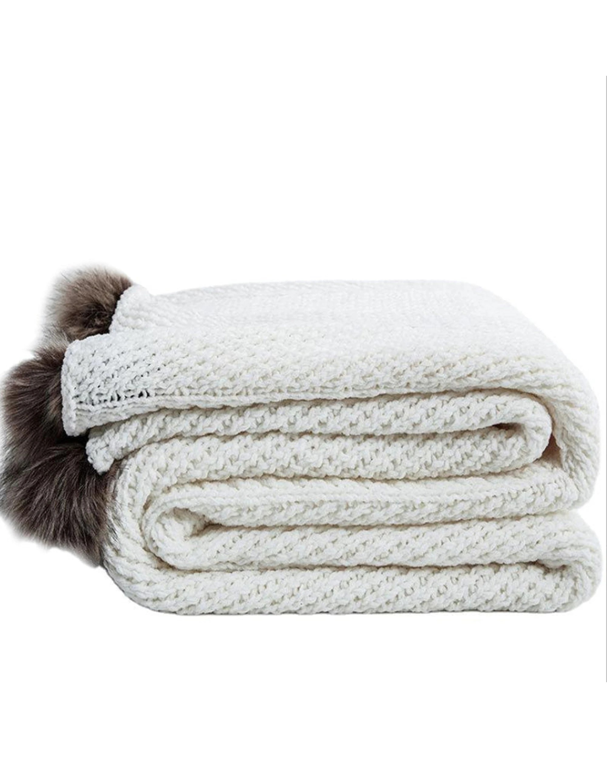 1 Cotton More Acrylic Knitted Blanket Feather PomPom Throw Rug 130x160cm Ivory - White, 1 of 4