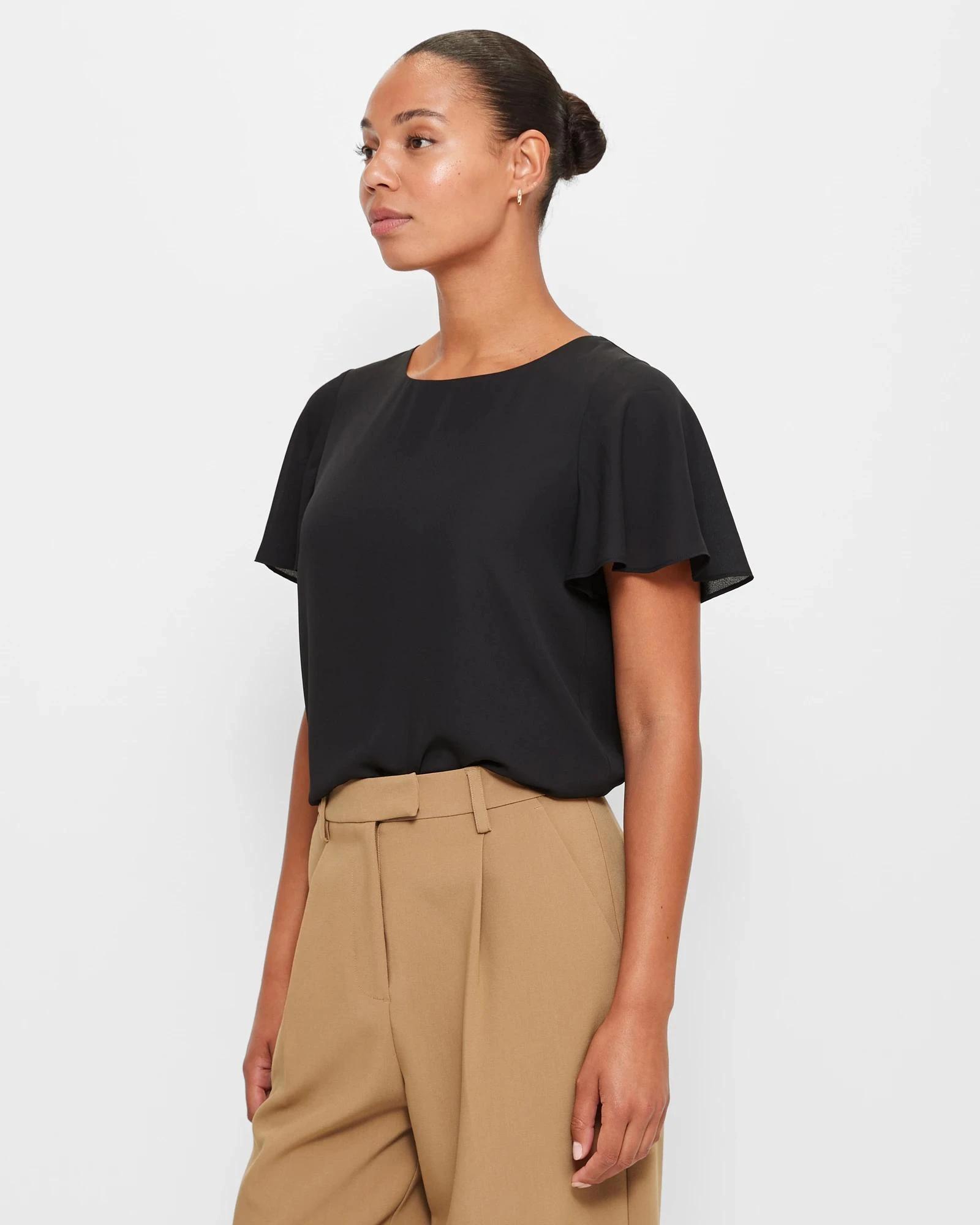 3 Crew Neck Flutter Sleeve Blouse - Preview BLACK, 3 of 5