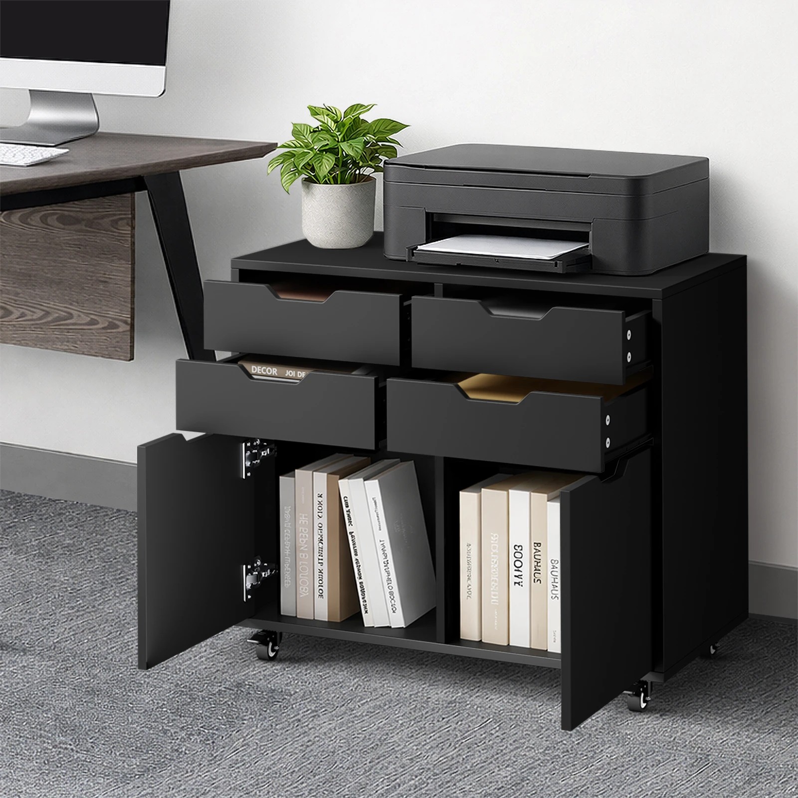 3 Oikiture Filing Cabinet 2 Door 4 Drawer Mobile Office Storage Cabinet - Black, 3 of 8