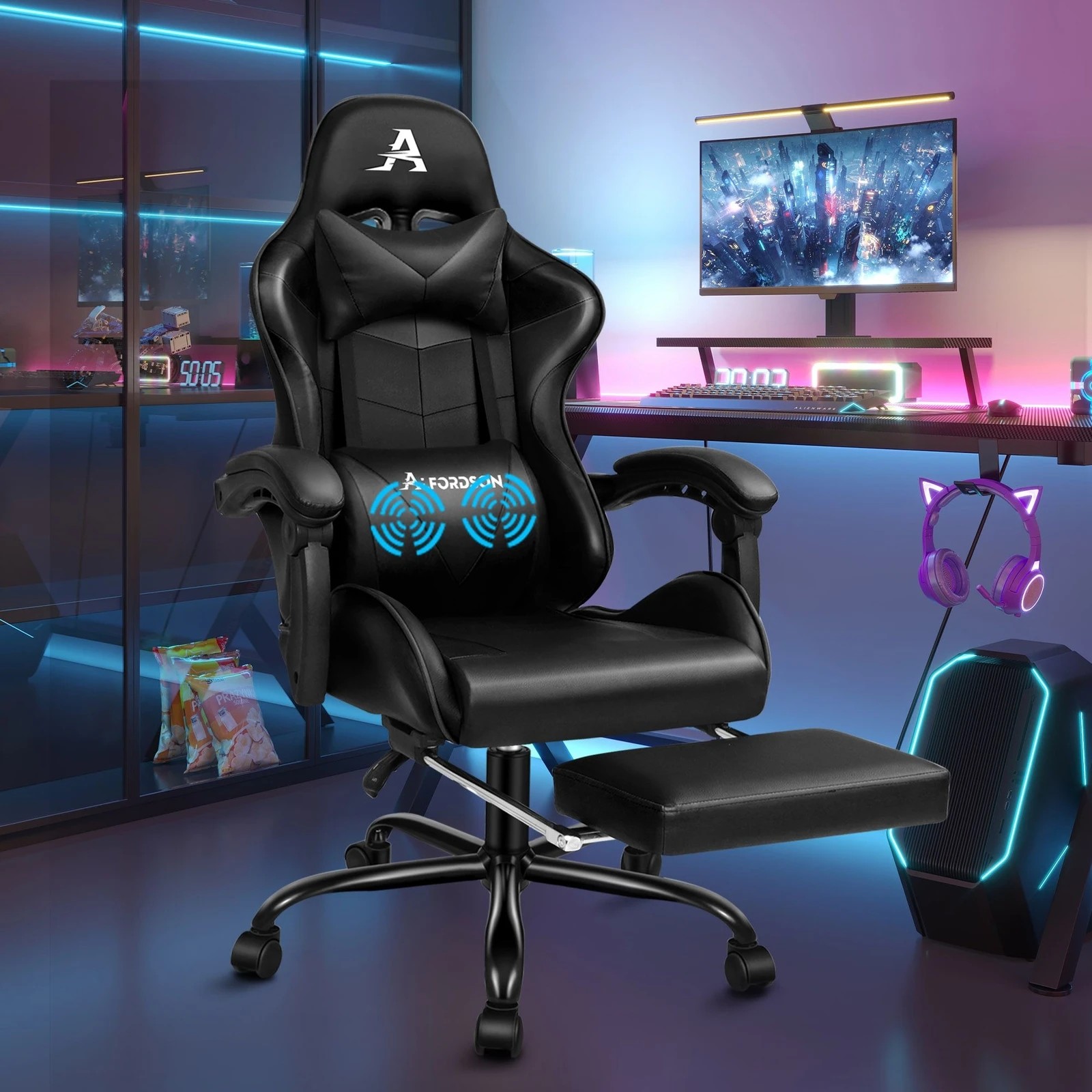 2 Alfordson Gaming Chair Office Executive Racing Footrest Seat Leather - Black, 2 of 10