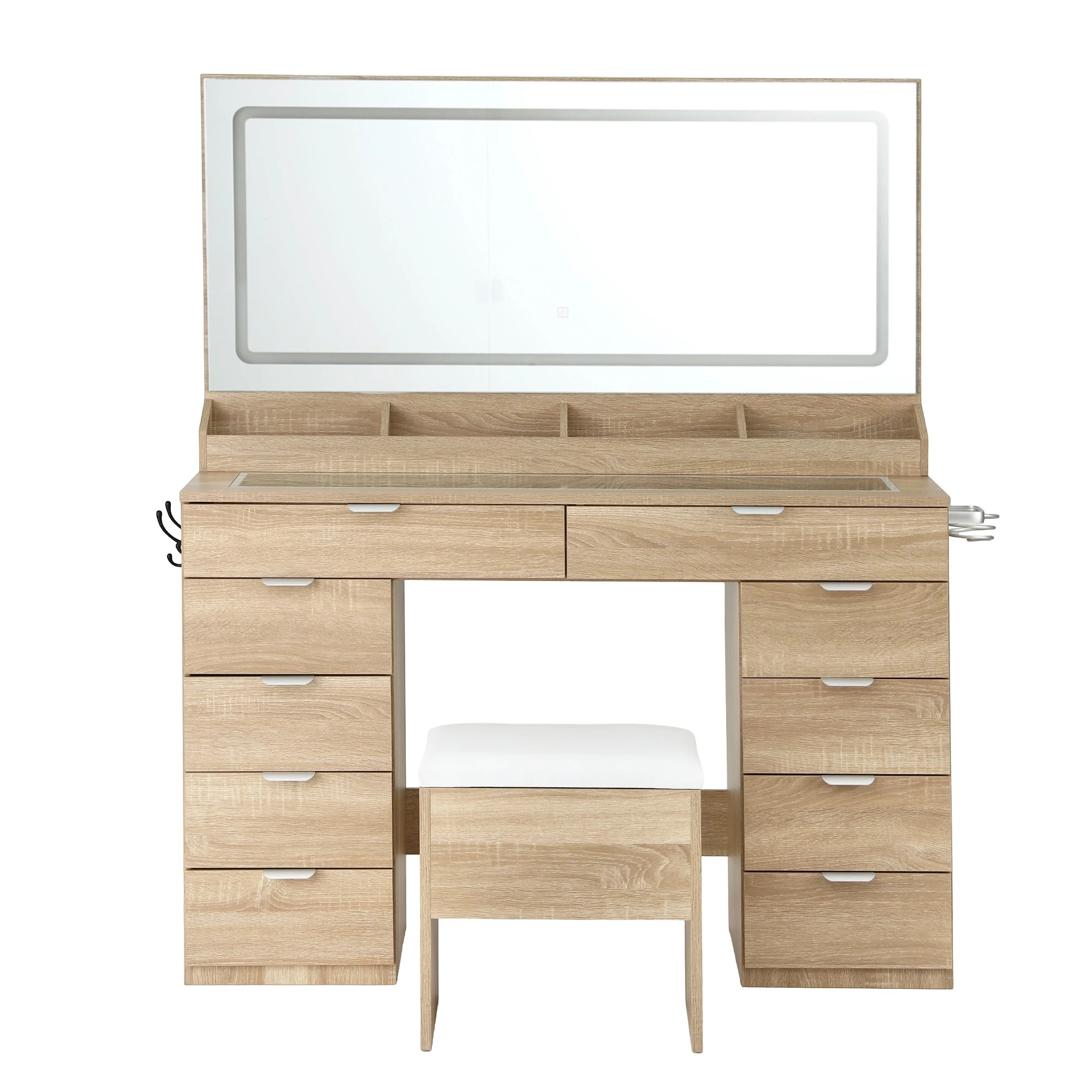 5 Artiss Dressing Table Charging Station LED Vanity Desk Set Stool Make up Mirror Storage Drawer - Natural, 5 of 9