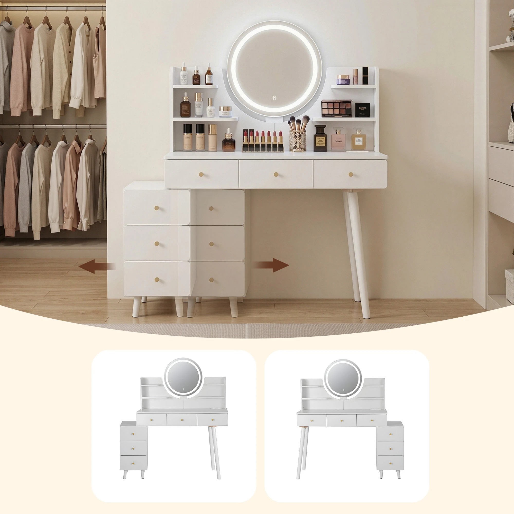 7 Artiss Dressing Table Charging Station Extendable LED Vanity Desk Mirror Storage Drawer - White, 7 of 10