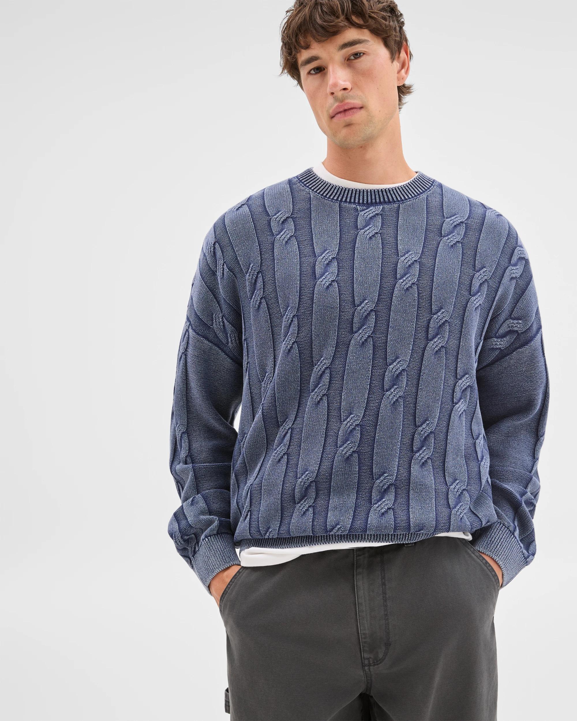 6 Commons Australian Cotton Cable Knit Washed Crew Jumper ACID NAVY, 6 of 8