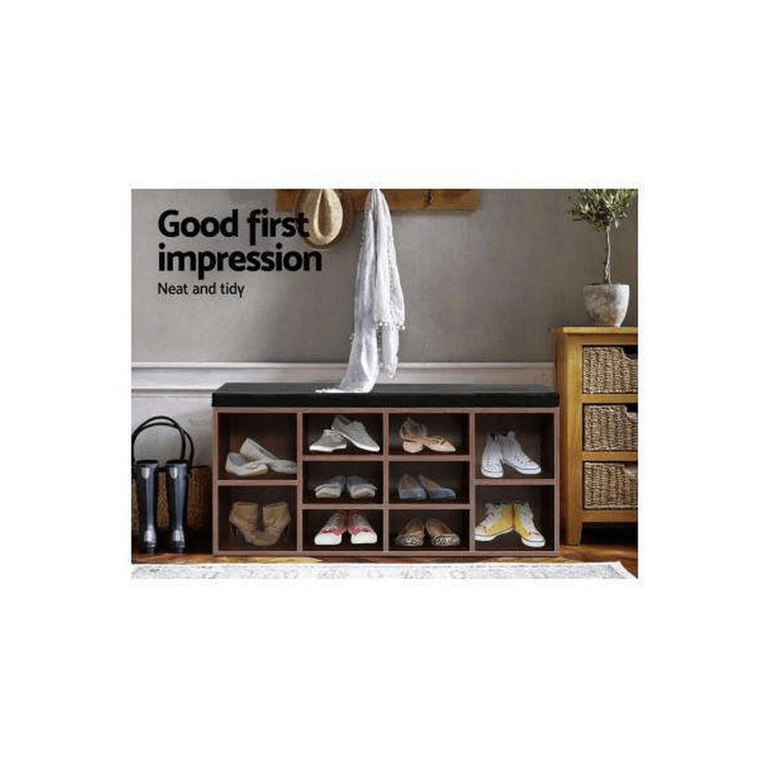 4 Artiss 10-Pair Shoe Cabinet Bench with 4cm PU Leather Seat, Walnut - Brown, 4 of 7