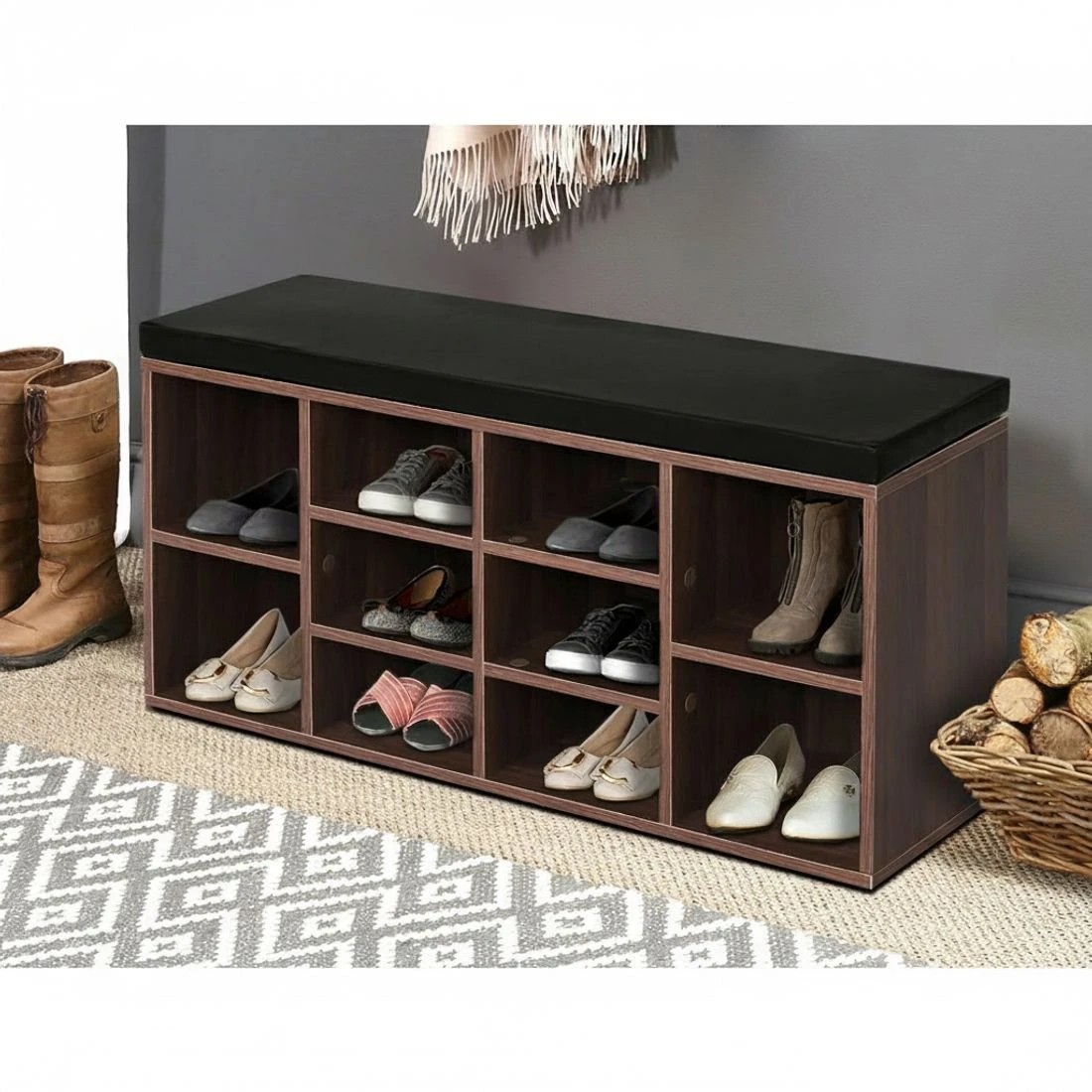 4 Artiss Shoe Rack Cabinet Bench 10 Cubes - Brown, 4 of 7
