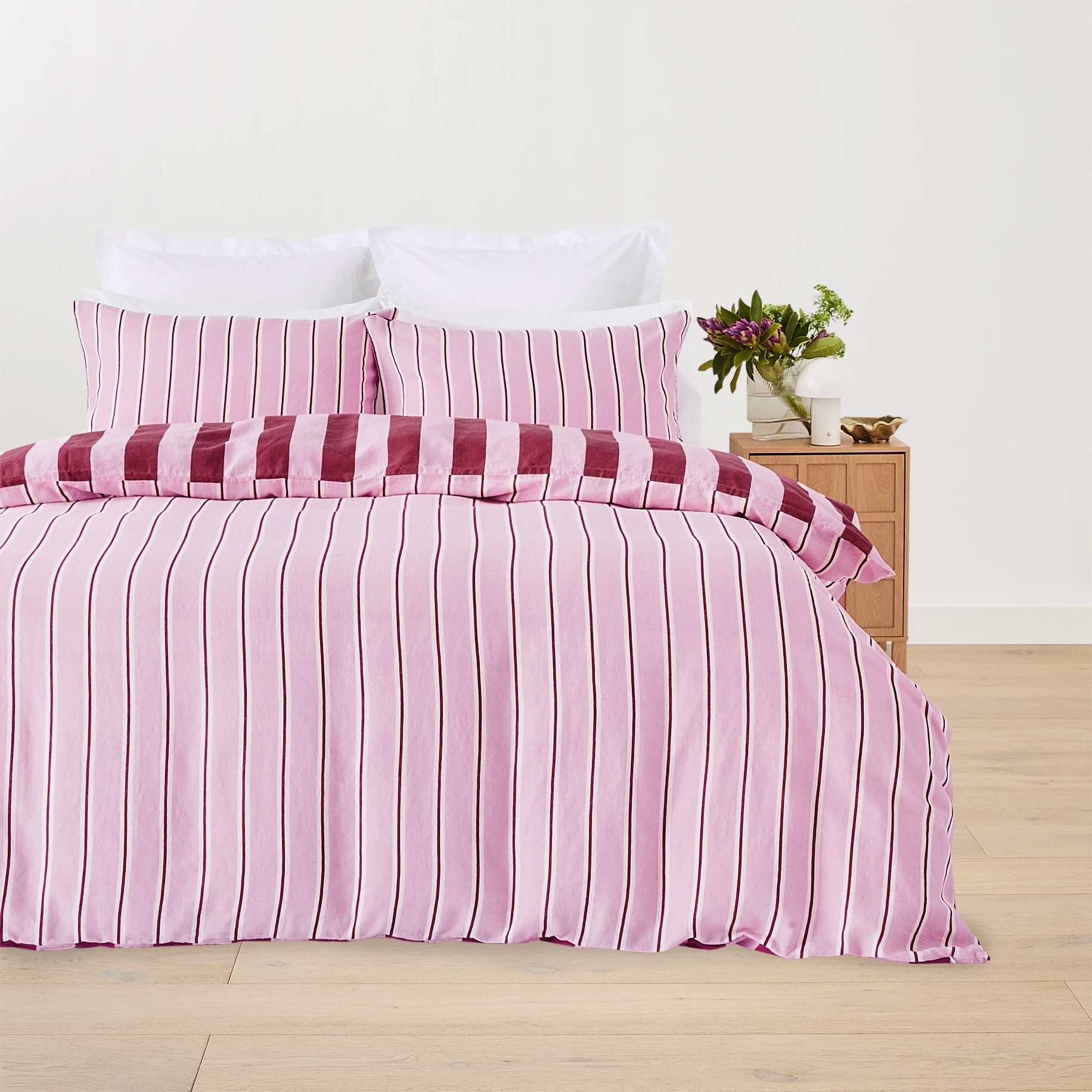 2 Stripe Cotton Linen Reversible Quilt Cover Set - Queen Bed, Berry, 2 of 7
