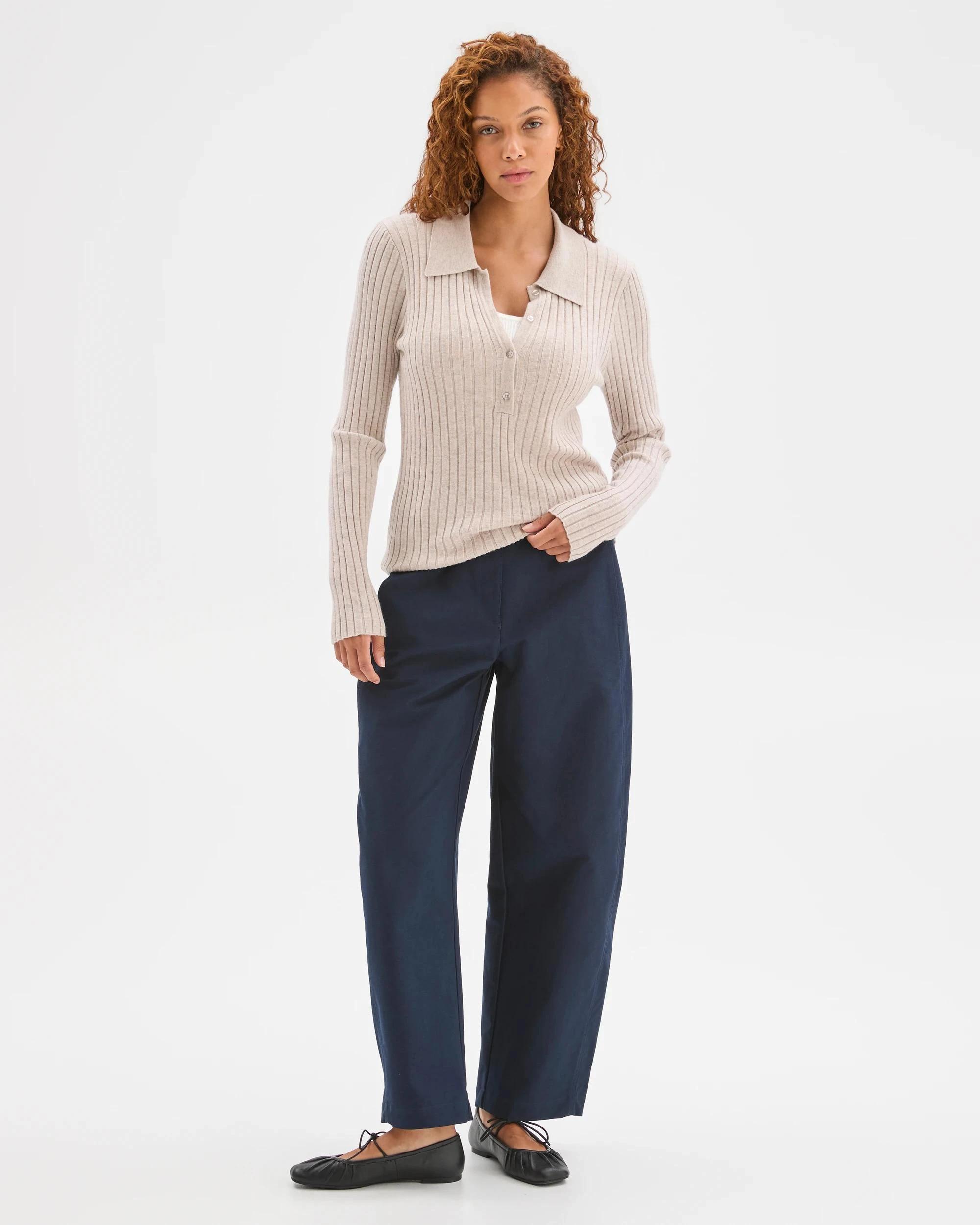 1 Target Woman Fine Knit Double Layer Polo Sweater BIRCH MARLE, 1 of 6