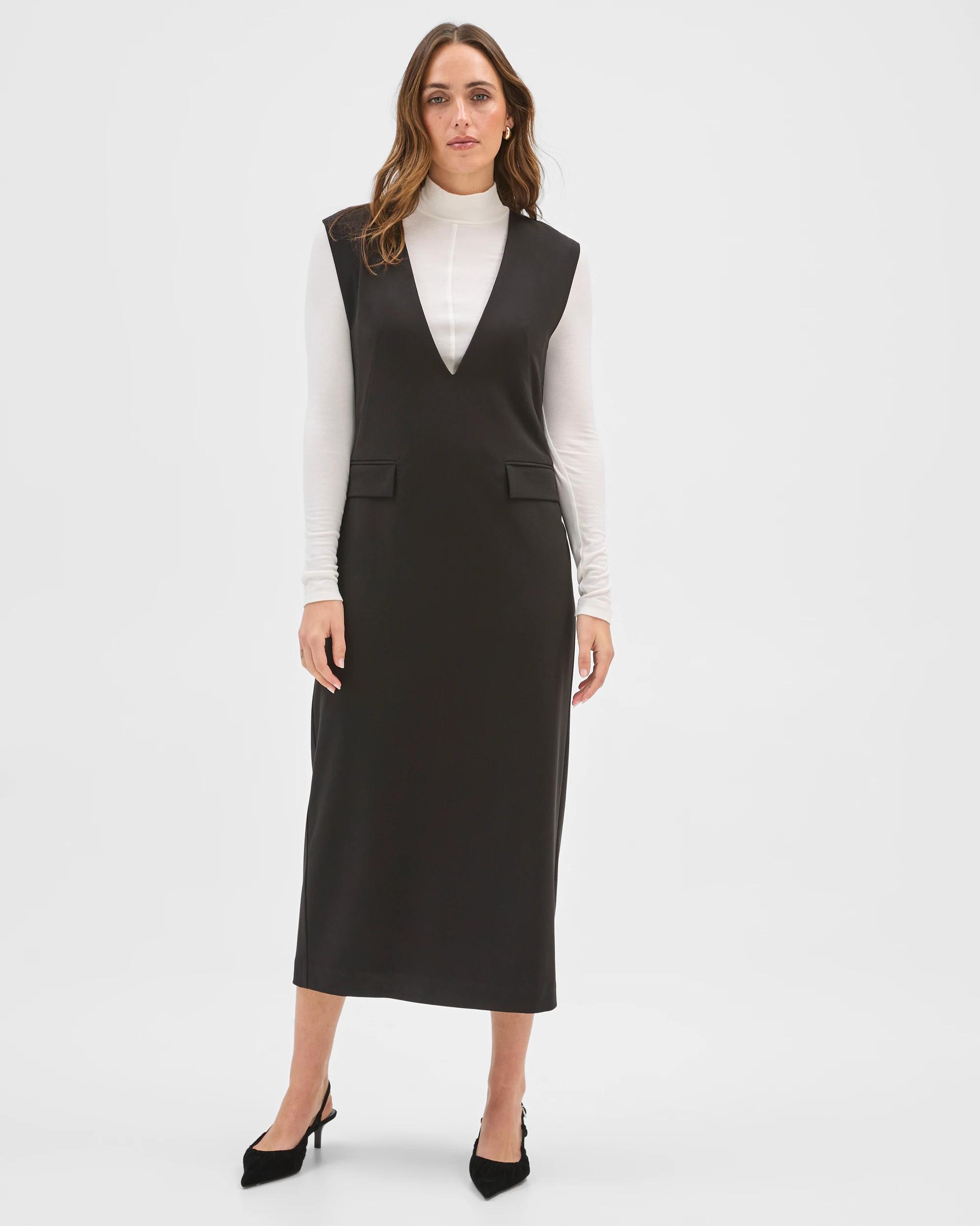 1 Preview Deep V-Neck Column Midi Dress BLACK, 1 of 7