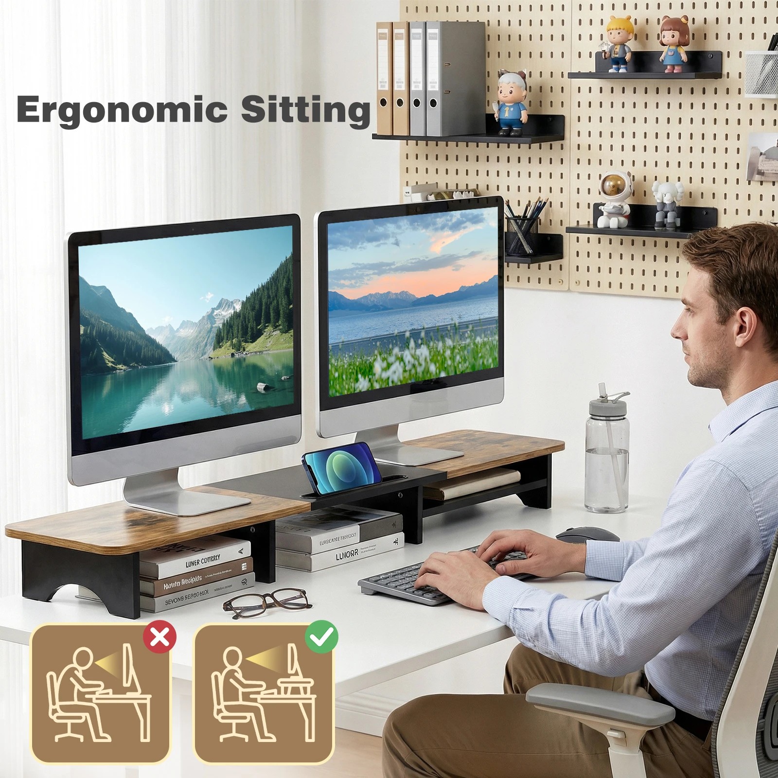 9 Advwin 100cm Dual Monitor Stand Riser Wood Desktop Organizer with Storage Space, 9 of 9