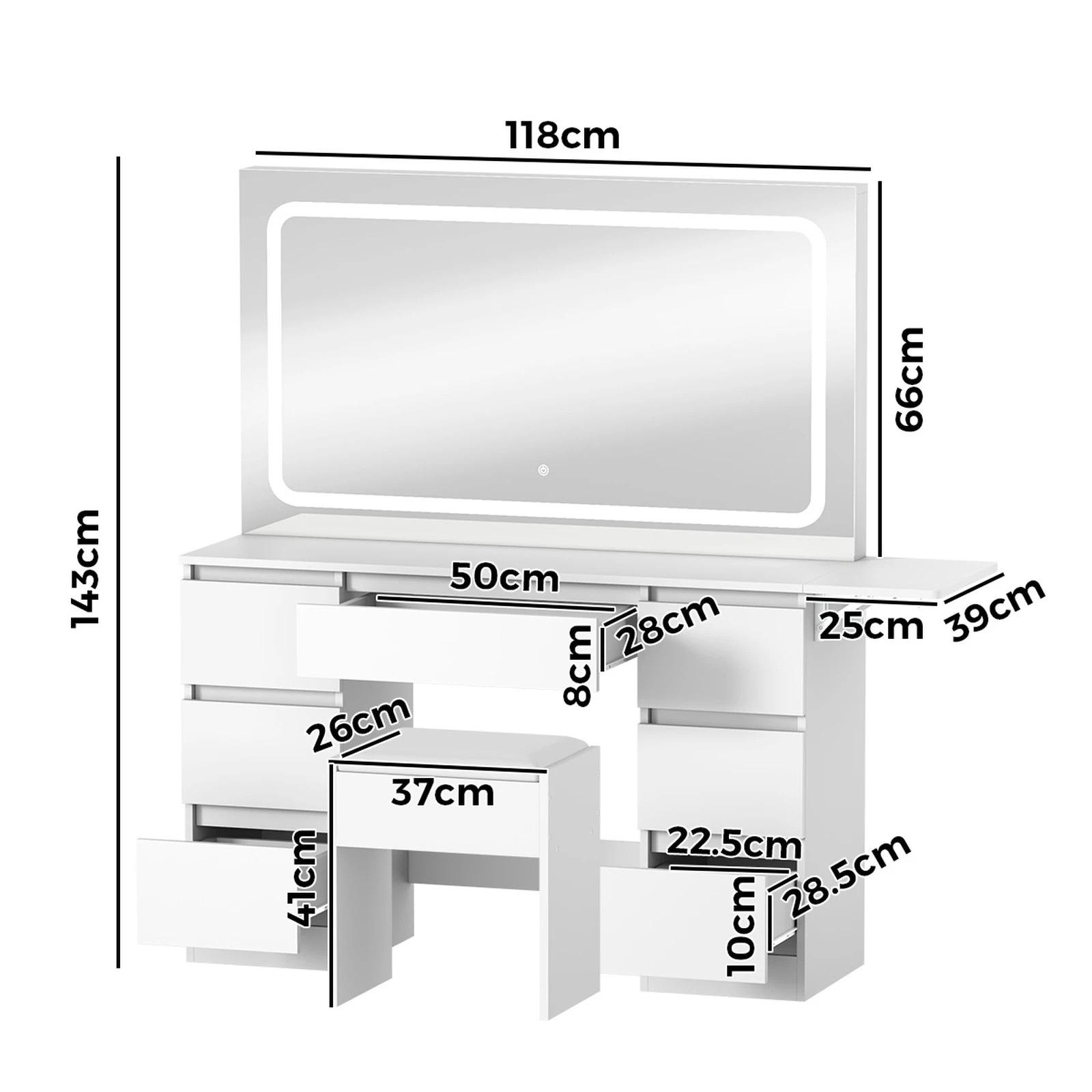2 Oikiture Dressing Table Stool Set with LED Makeup Mirror Vanity Desk 7 Drawers - White, 2 of 8
