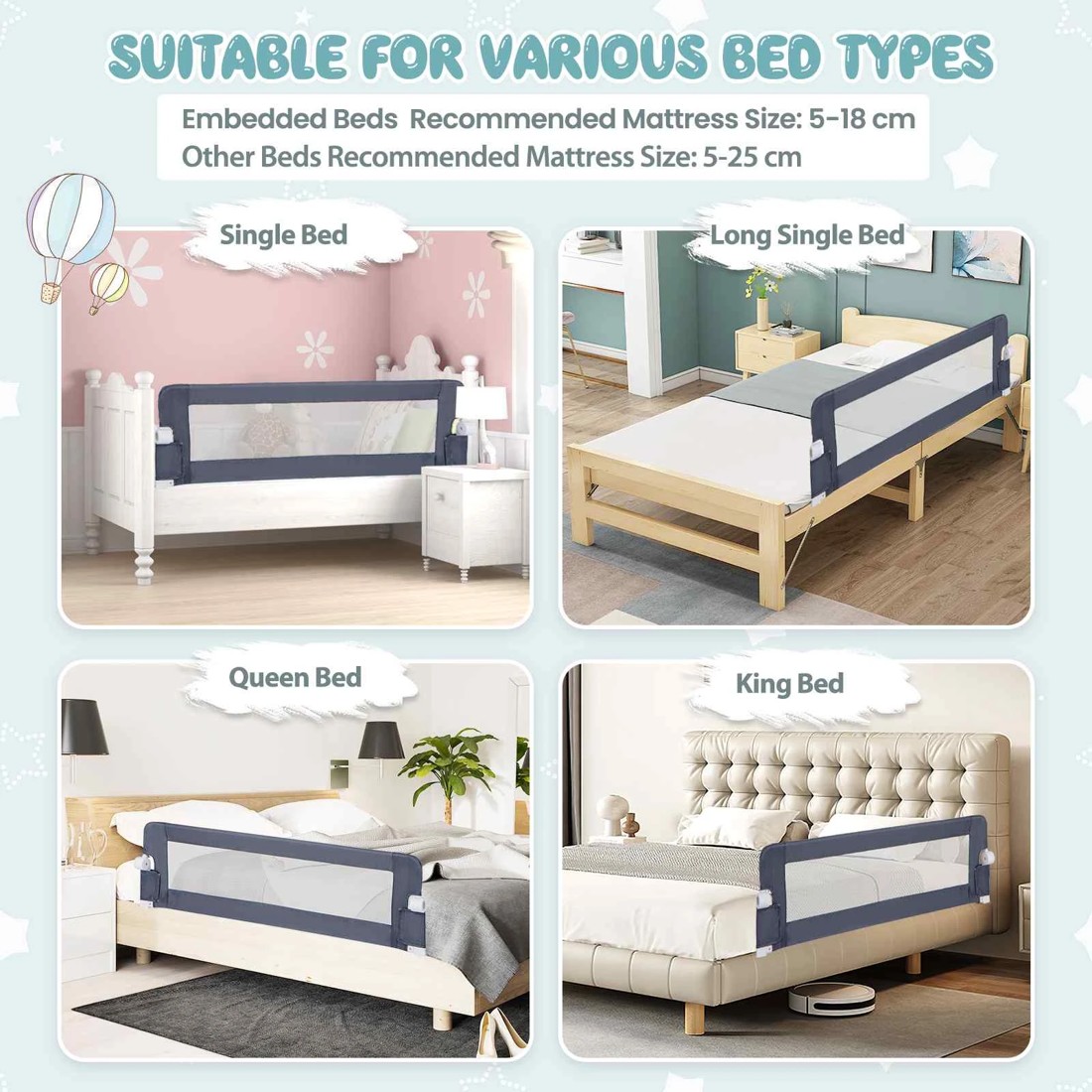 4 Costway 152x42cm Foldable Baby Bed Rail - Grey, 4 of 6