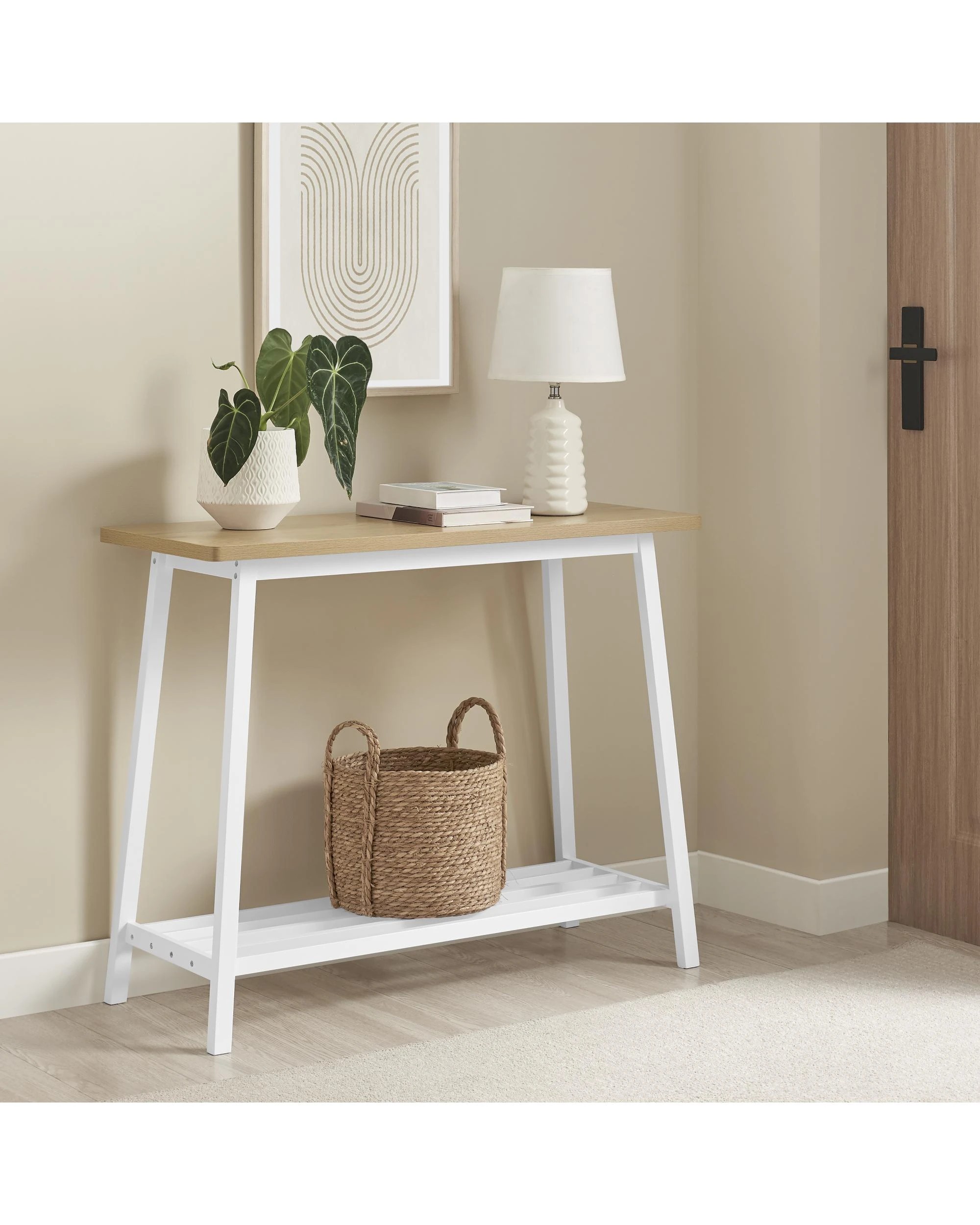 3 Kodu Console Hallway Entryway Table with Shelf, Oak Look Top - White, 3 of 9