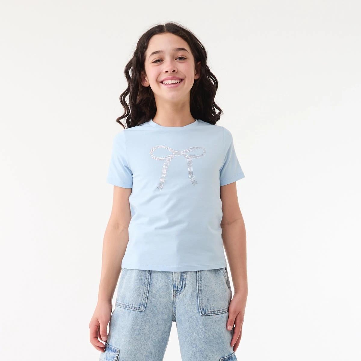 1 Short Sleeve Embellished T-shirt DIAMONTE BOW ICE MIST, 1 of 6