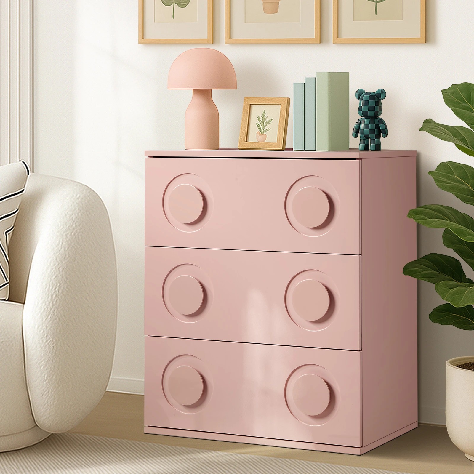 9 Oikiture 3 Chest of Drawers Spacious Cabinet Bedroom Dresser Nightstand - Pink, 9 of 9