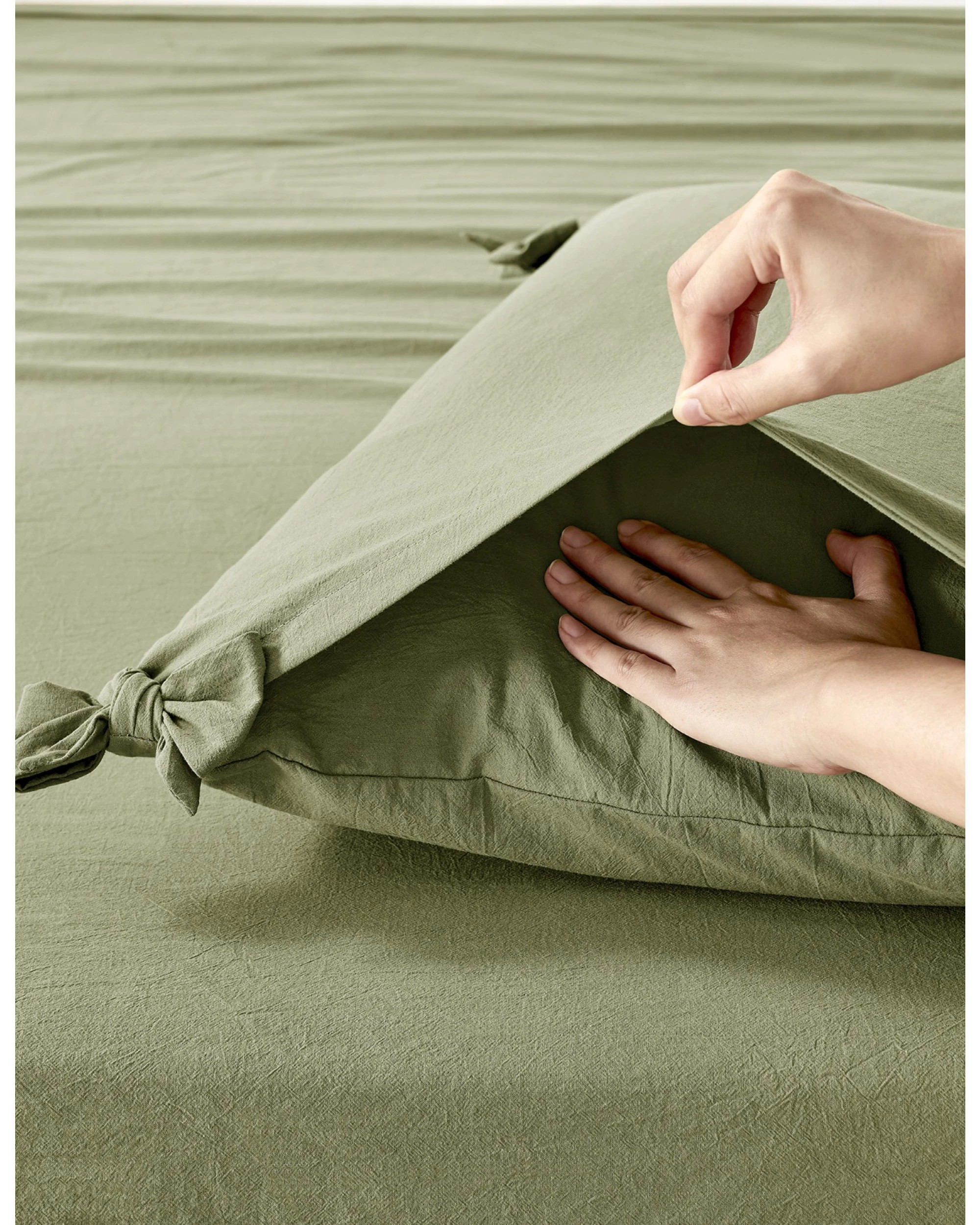 5 Dreamaker Bonnie Washed Cotton Quilt Cover Set with Bows - Single Bed - Olive, 5 of 9