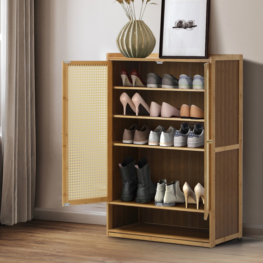 3 Oikiture Shoe Storage Cabinet Shoes Rack Organiser Shelf 2 Doors Rattan
 - Natural, 3 of 9