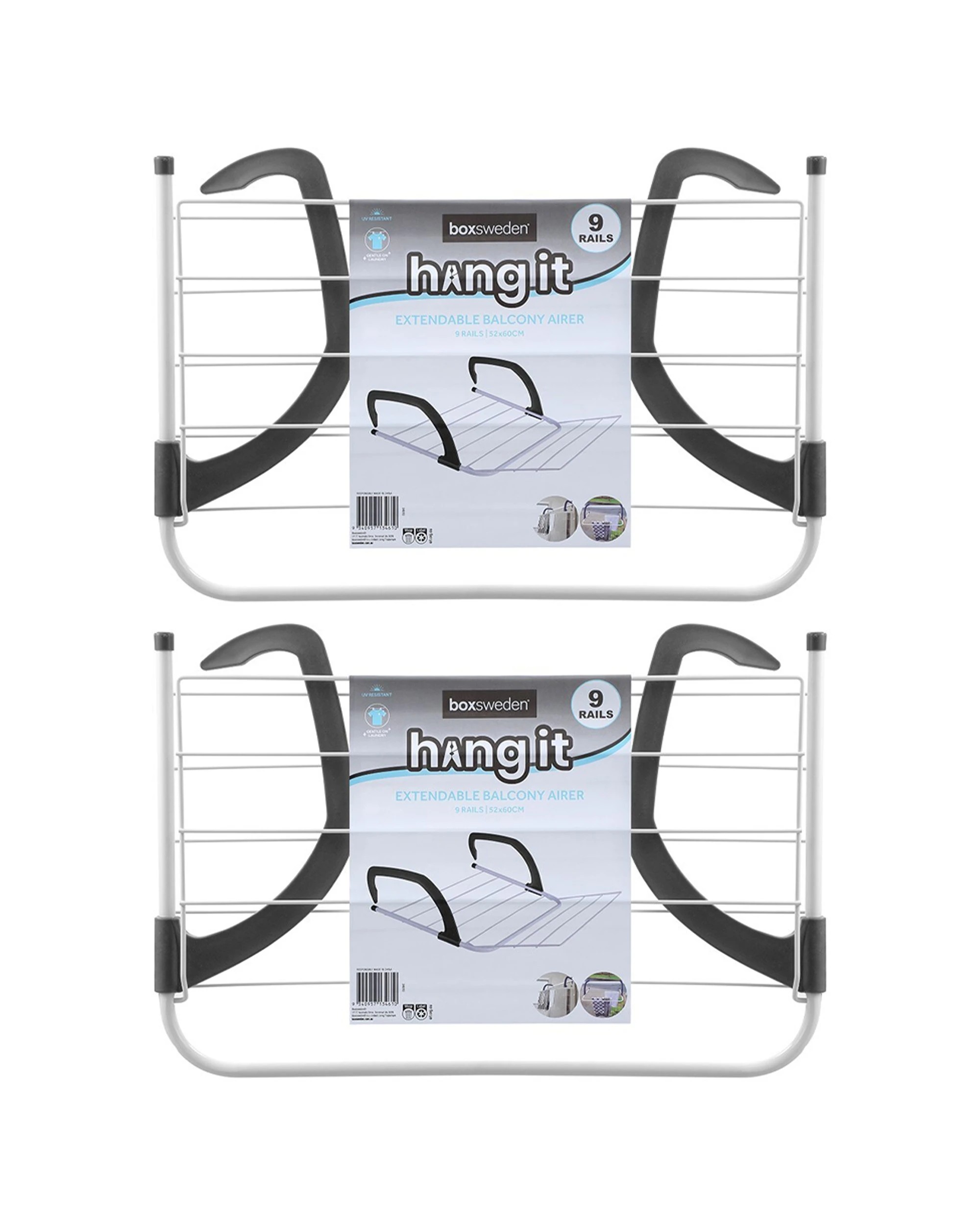 1 Boxsweden Hangit 60cm Extendable 9-Rails Balcony Airer 2PK Folds Flat.
 - white, 1 of 6