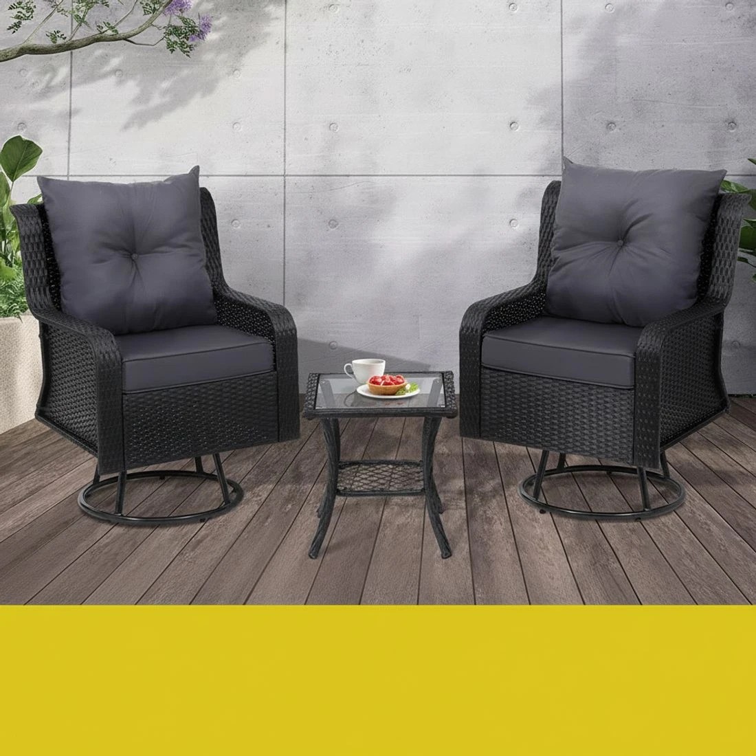 3 Gardeon 3PC Outdoor Furniture Bistro Set Lounge Wicker Swivel Chairs Table Cushion - Black, 3 of 5