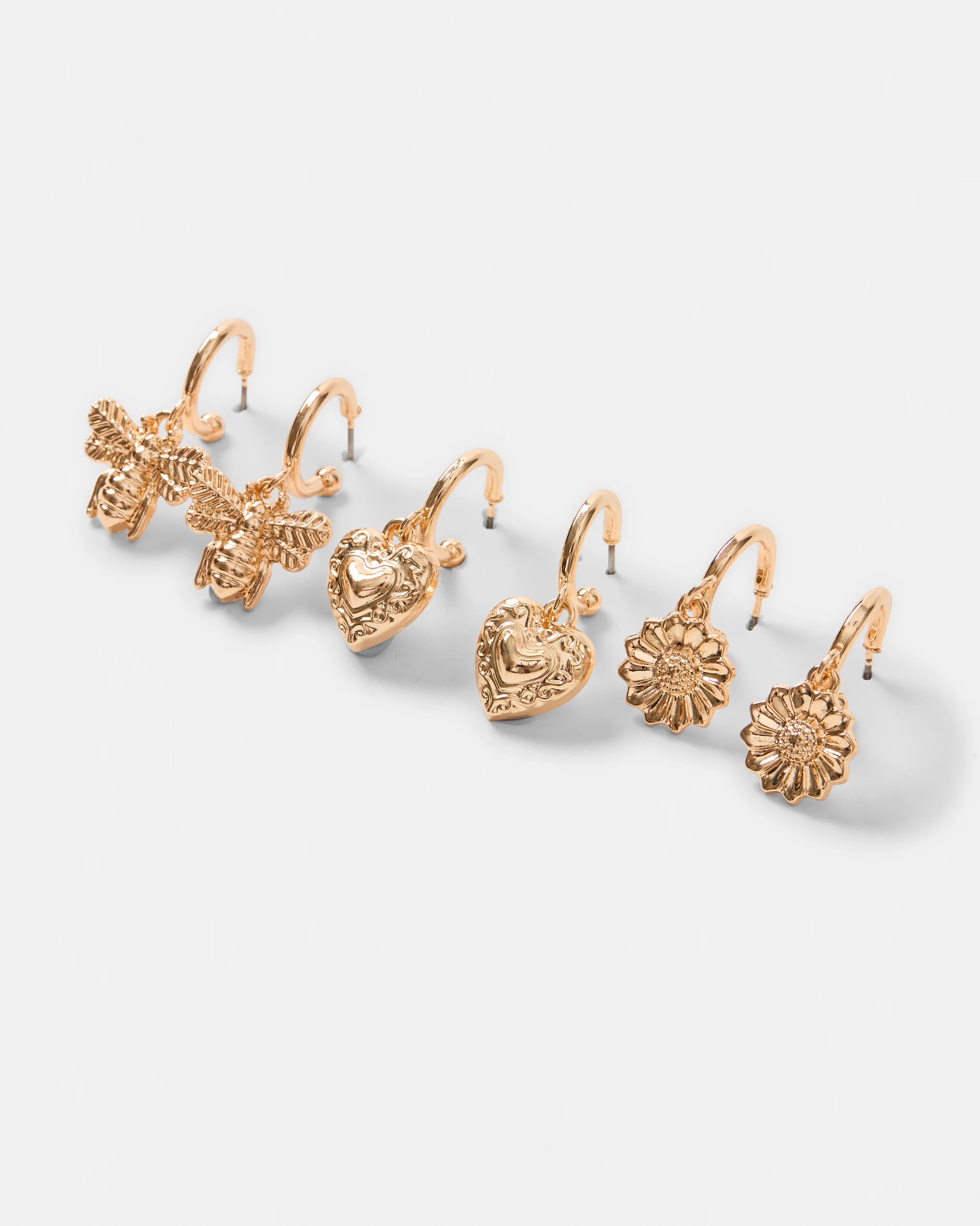 2 3 Pack Flower, Bee and Heart Earrings - Gold Tone, 2 of 5