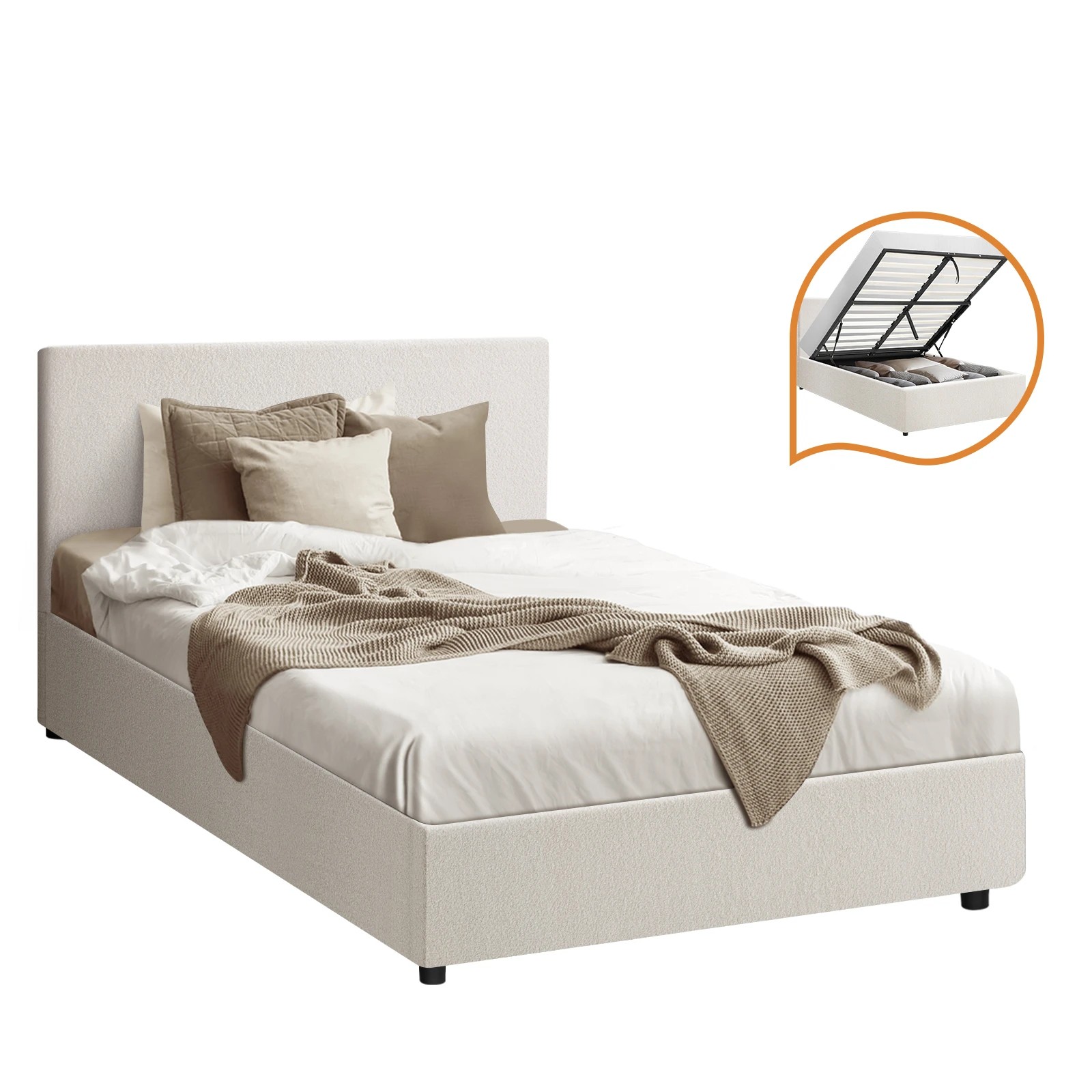 1 Oikiture King Single Bed Frame Gas Lift Base With Storage Boucle
 - White, 1 of 10