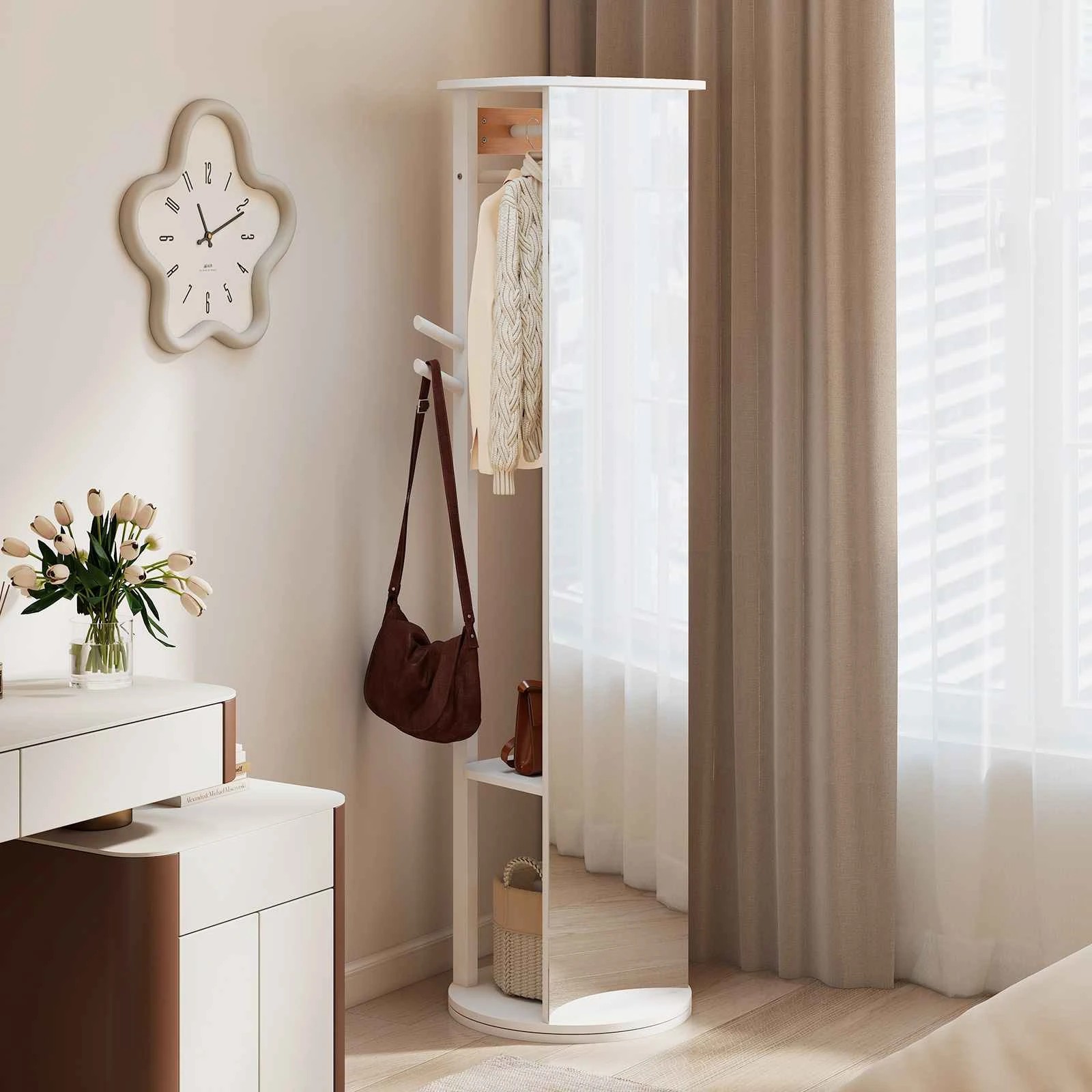 3 Costway 3-in-1 Full Length Mirror Swivel Coat Rack Stand Shoe Storage Shelf w/Hooks - White, 3 of 3