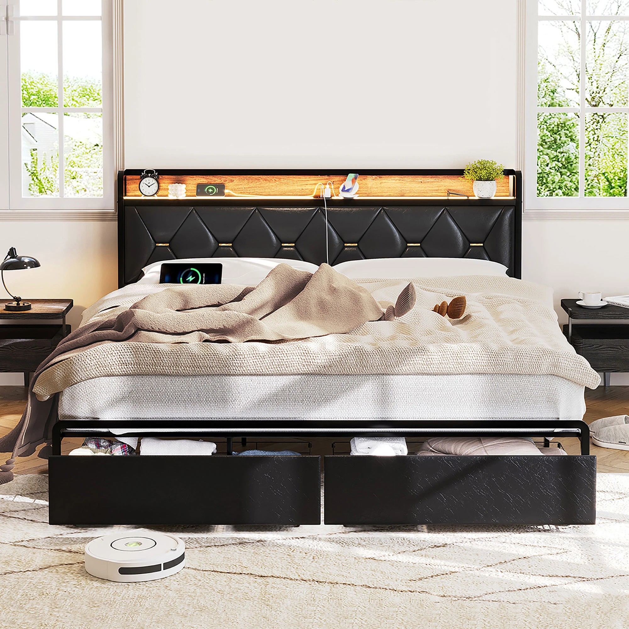 8 Levede King Bed Frame PU with LED and Charging Station - Black, 8 of 9