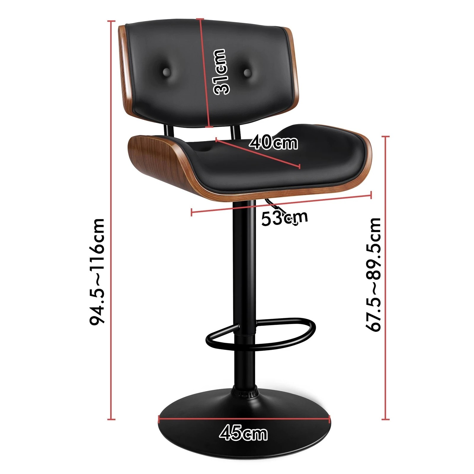 8 Alfordson 4x Bar Stool Kitchen Swivel Chair Wooden Leather Gas Lift - Black, 8 of 9