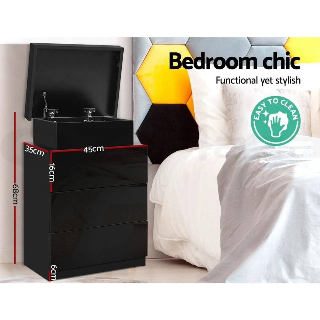 8 Artiss 2X Bedside Table LED 3 Drawers - Black, 8 of 9