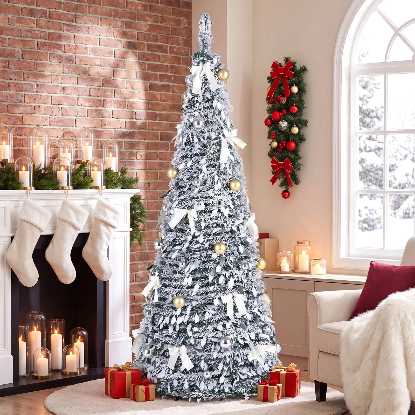 Costway 1.8M Snow-Flocked Pop Up Christmas Tree w/20 Bowknots Pre-lit ...